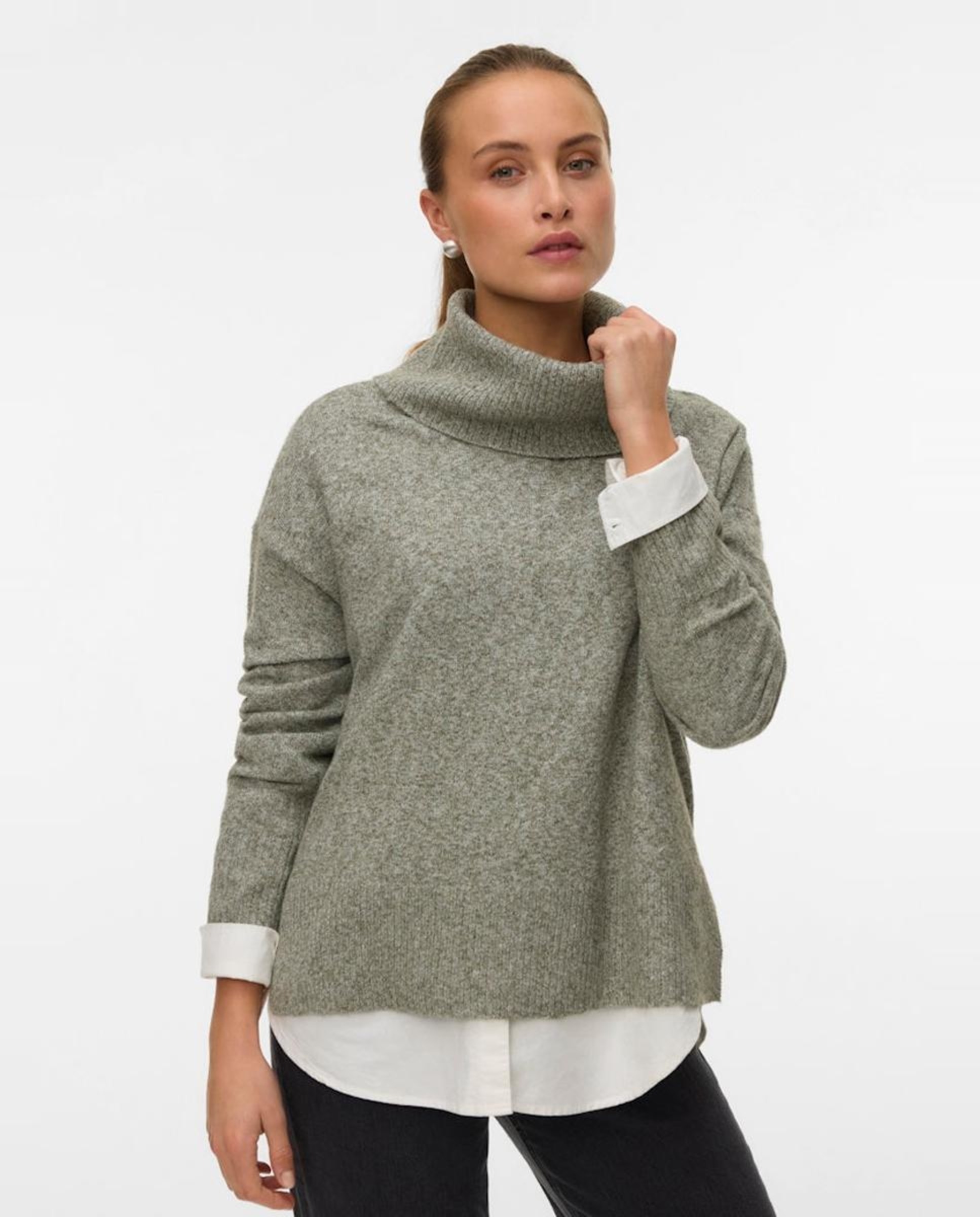 Camisola de malha com gola dobrada e manga comprida Verde pardo-1