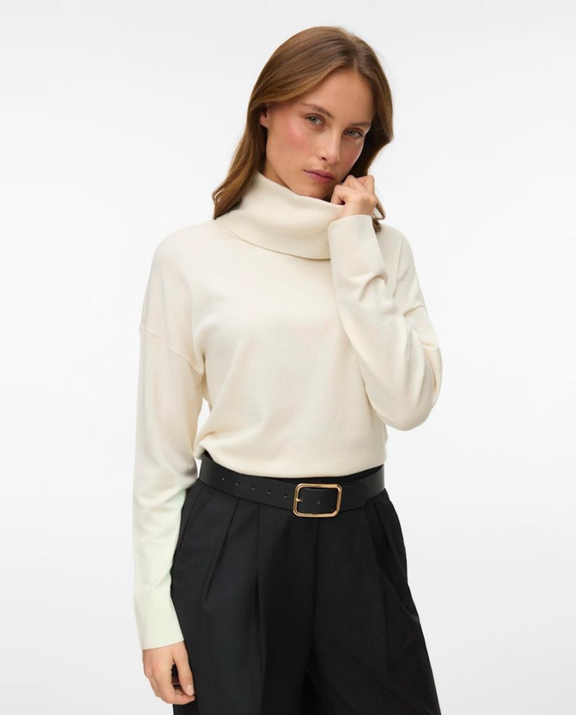 Camisola de Malha Comprida com Gola Dobrada Branco-gelo-1