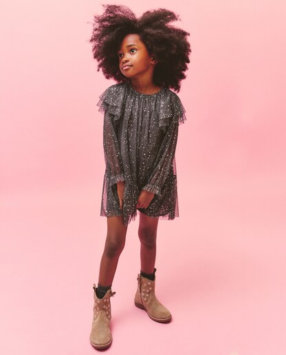Imagen 0 de Vestido de tul all over print con glitter de niña