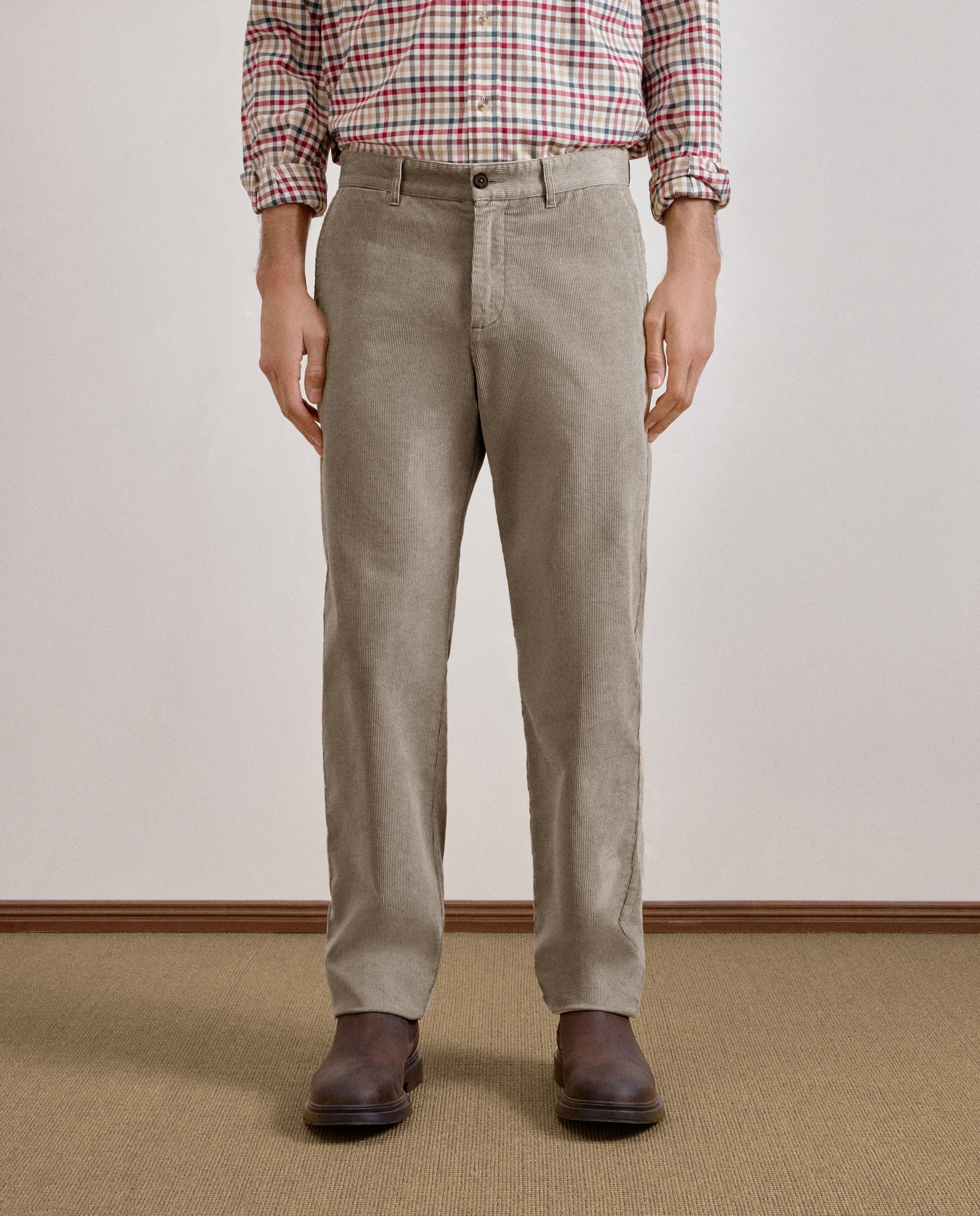 Calças de Bombazina Regular sem Pinças e com Lavagem Castanho-claro-2