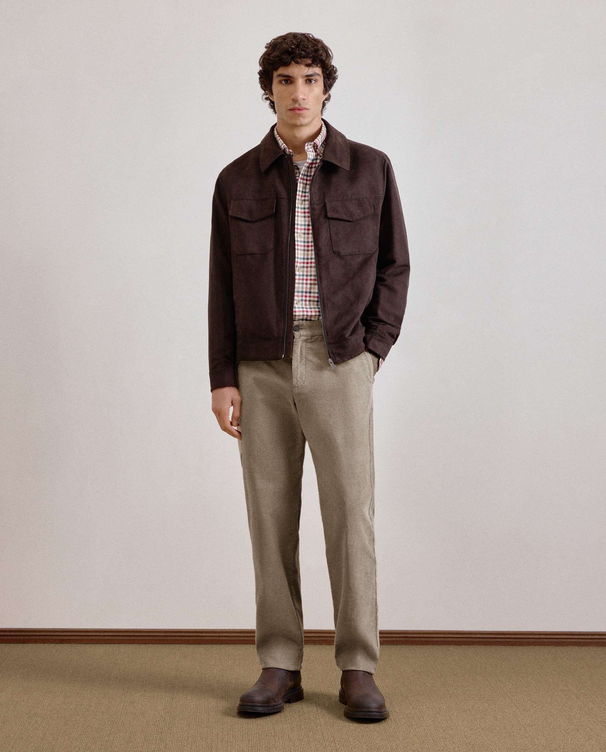 Calças de Bombazina Regular sem Pinças e com Lavagem Castanho-claro-1