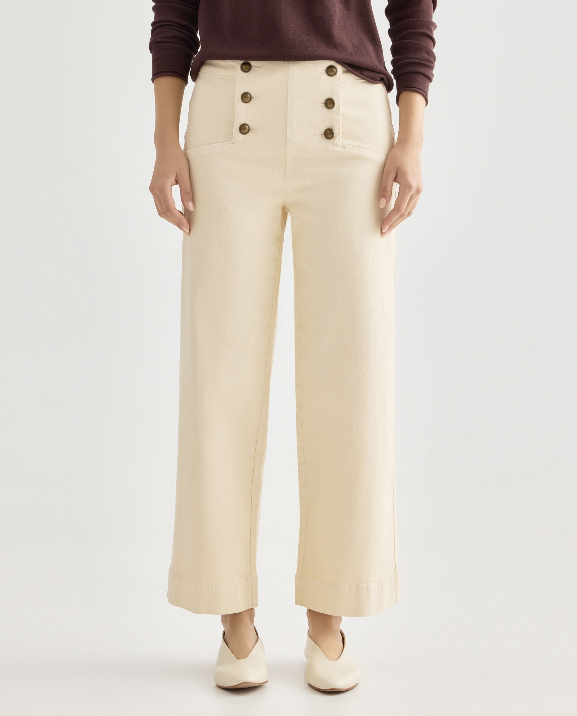 Pantalón culotte de sarga con botones de mujer 120 Crudo-2