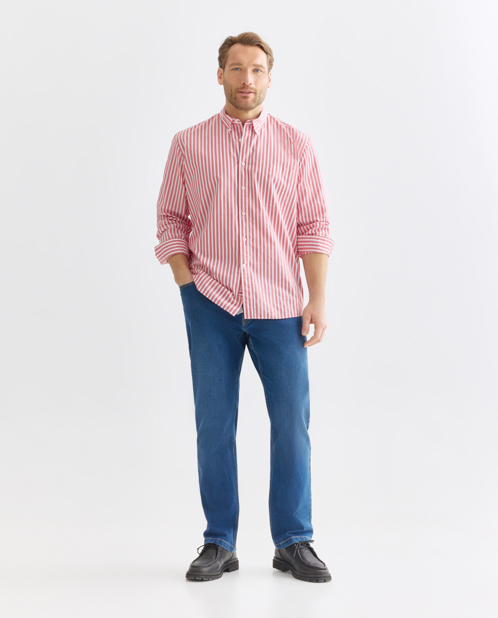 Camisa Casual Tamanhos Grandes de Popelina às Riscas Classic Fit 630 Coral-2