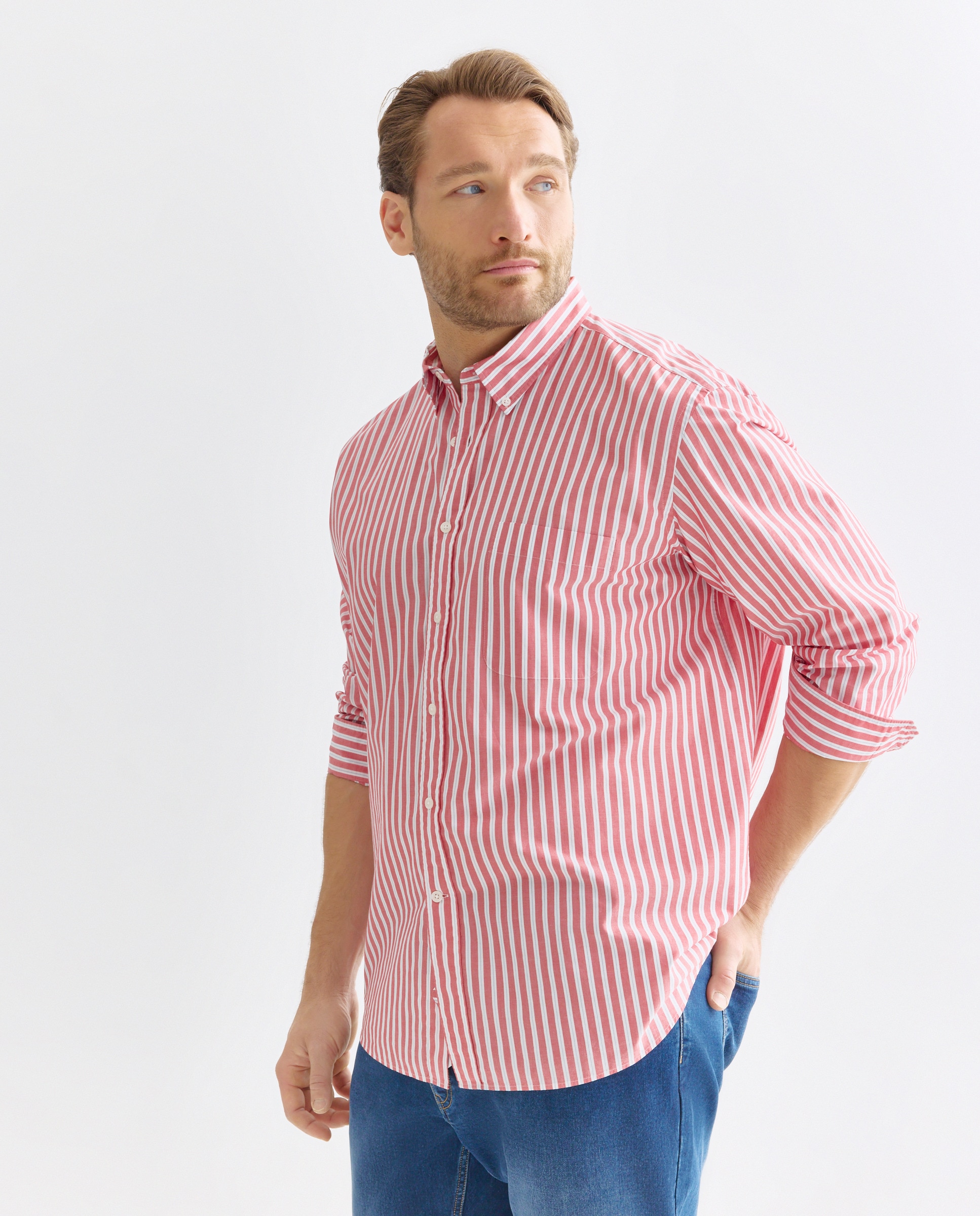 Imagem 0 de Camisa Casual Tamanhos Grandes de Popelina às Riscas Classic Fit