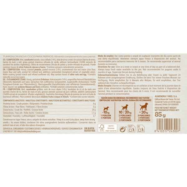 turrón para perros crujiente de coco estuche 85 g