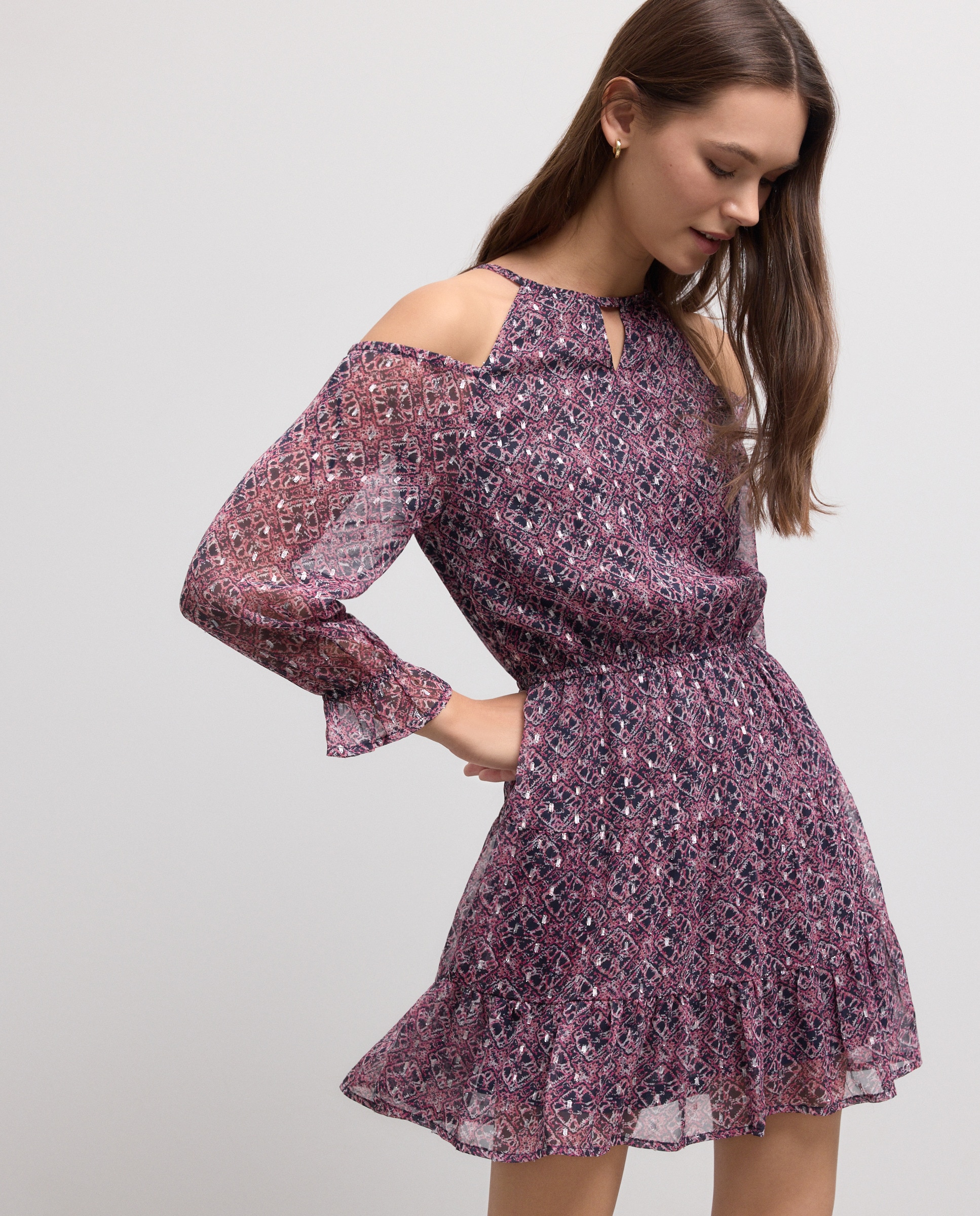 Vestido Curto Cut Out com Estampado 240 Fúcsia-2
