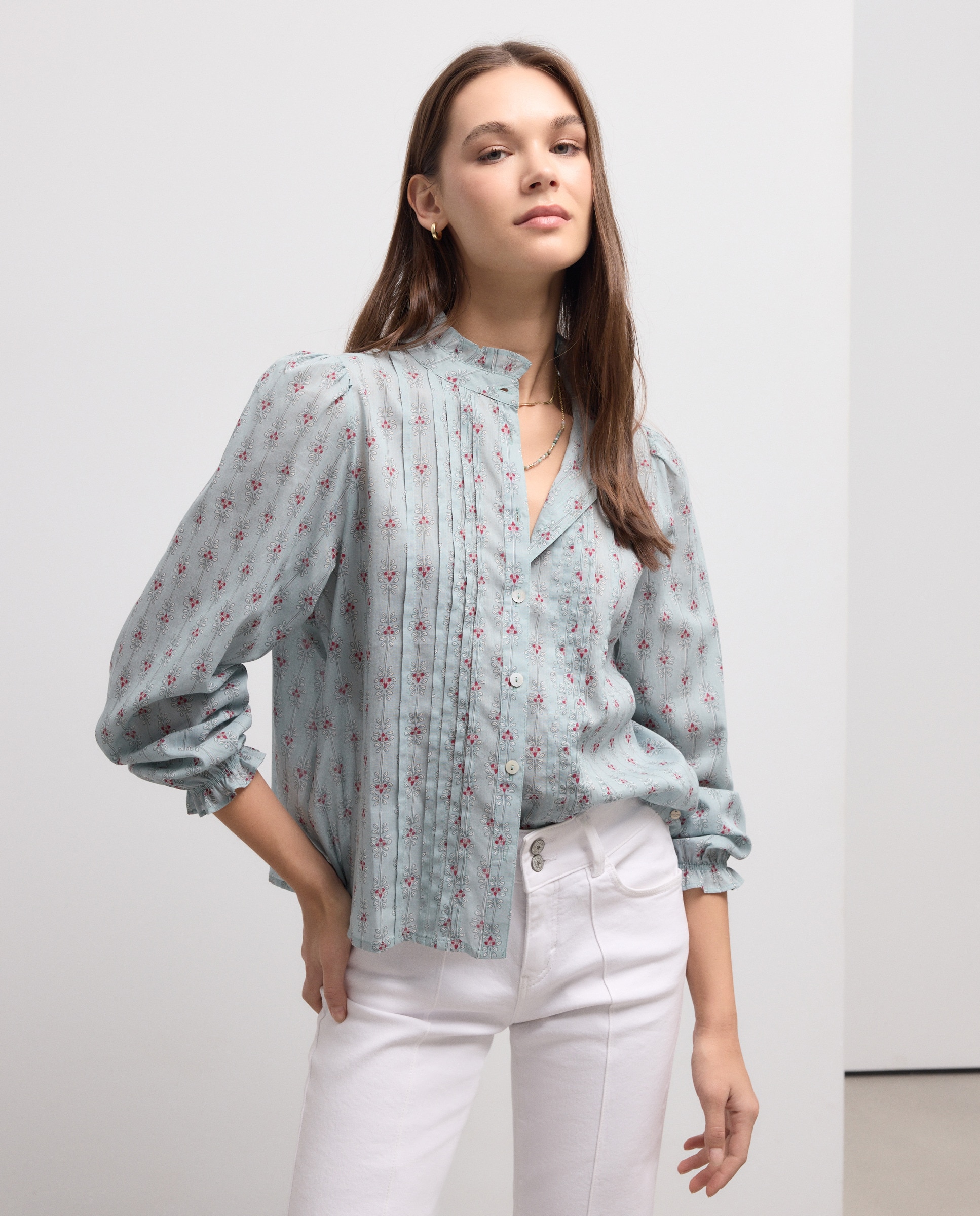 Blusa de Manga Comprida com Estampado e Prega Verde-1