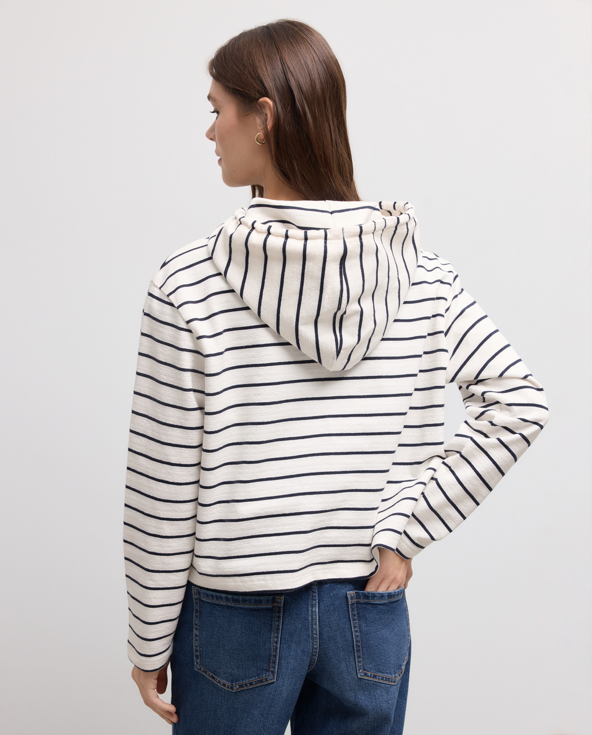 Sweatshirt às Riscas Jacquard Rústica com Capuz Fechado Branco-3