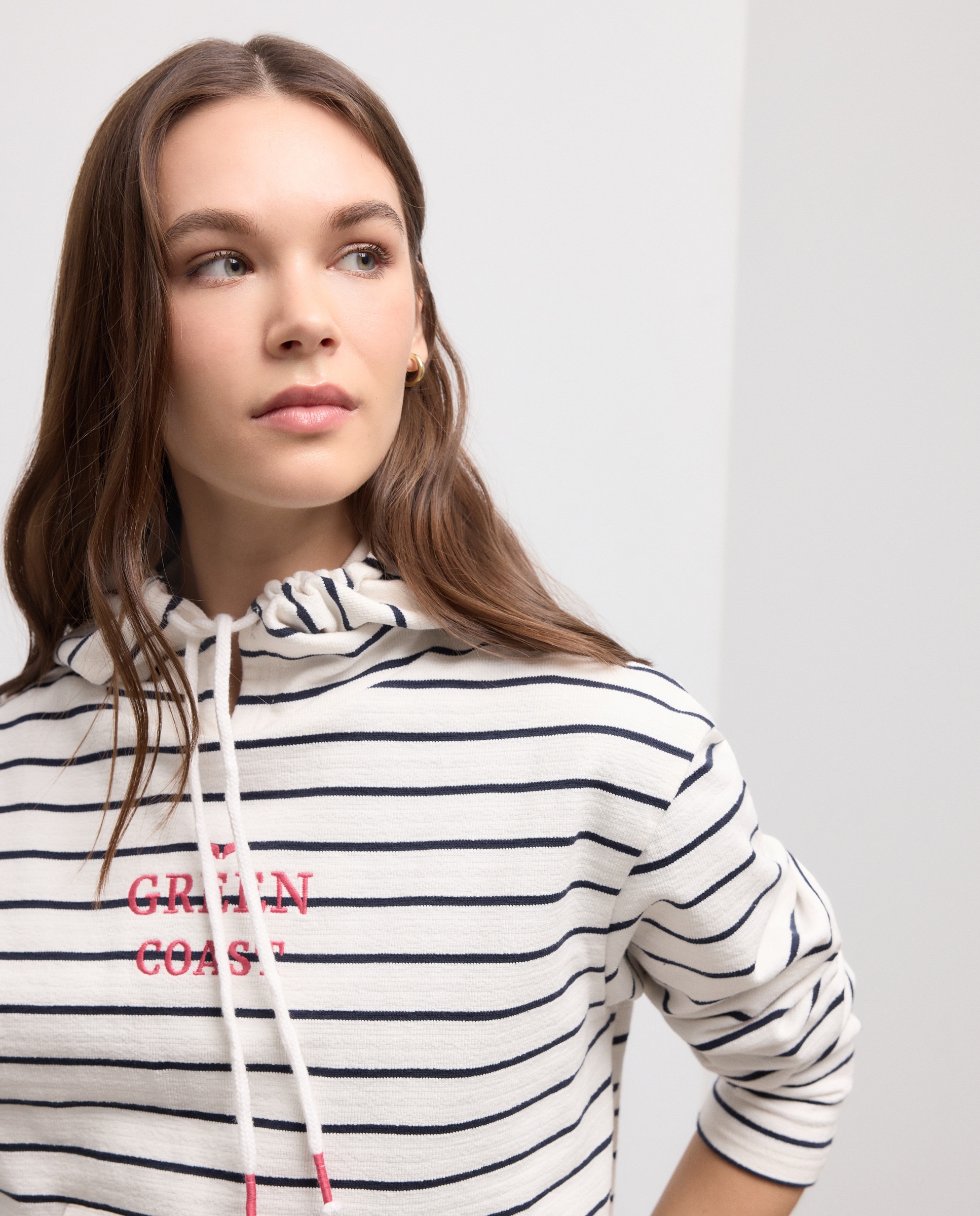 Sweatshirt às Riscas Jacquard Rústica com Capuz Fechado Branco-1