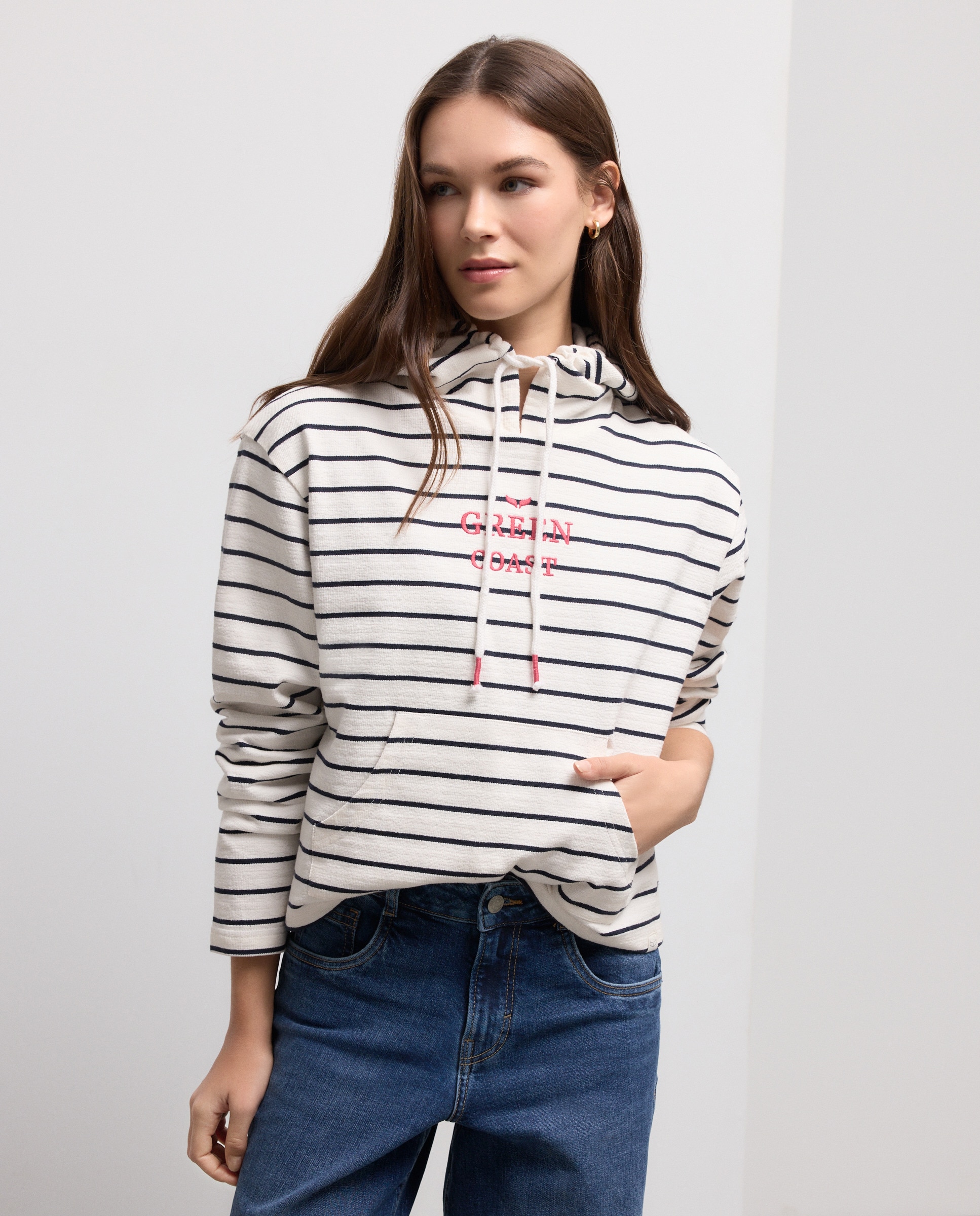 Sweatshirt às Riscas Jacquard Rústica com Capuz Fechado Branco-4