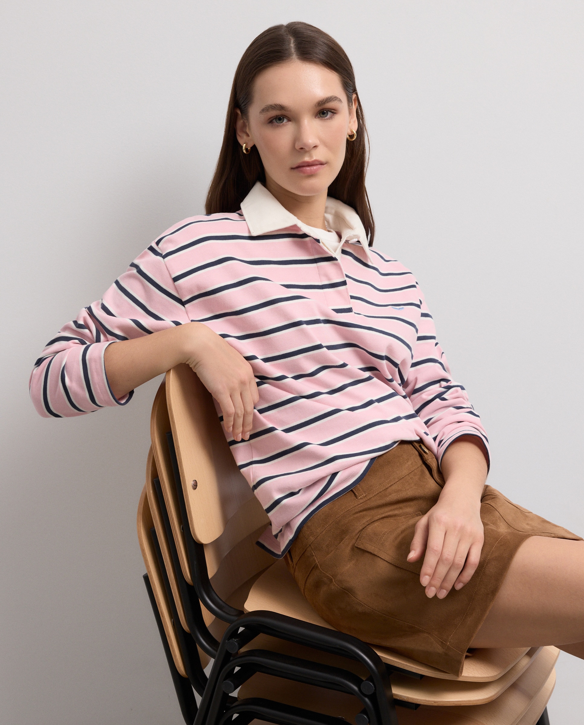 Camisola Tipo Polo de Manga Comprida às Riscas Rosa-2