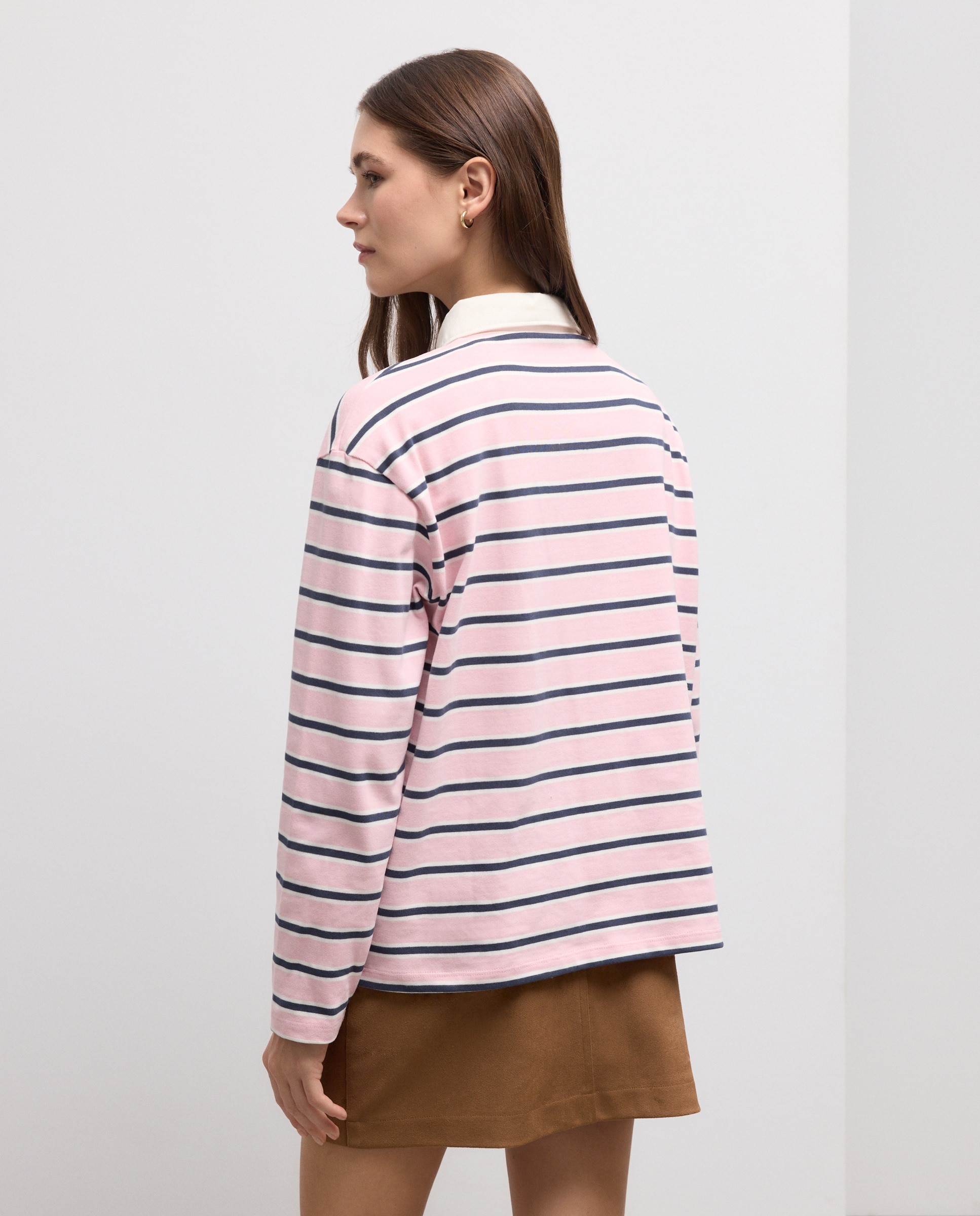 Camisola Tipo Polo de Manga Comprida às Riscas Rosa-3