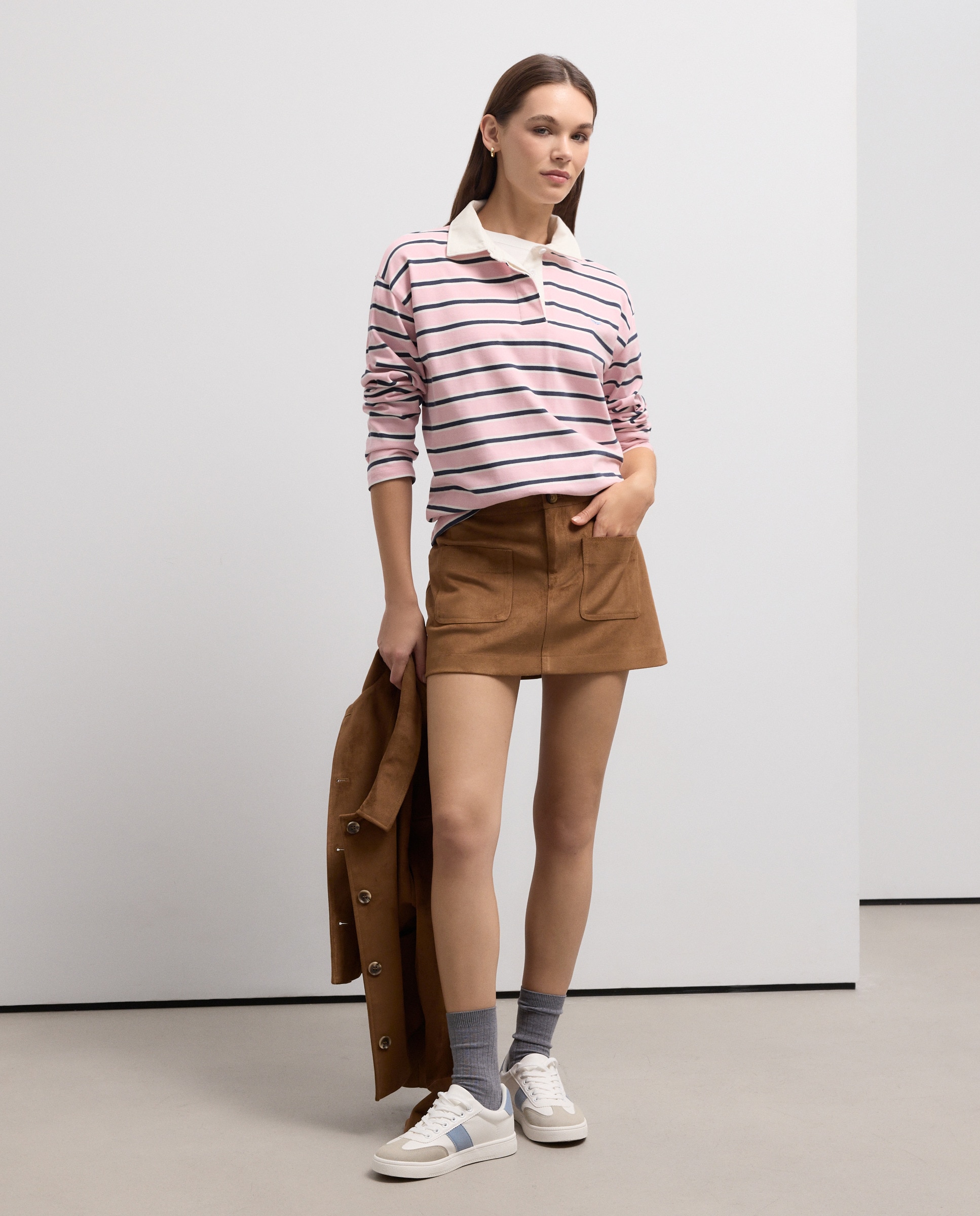 Camisola Tipo Polo de Manga Comprida às Riscas Rosa-1