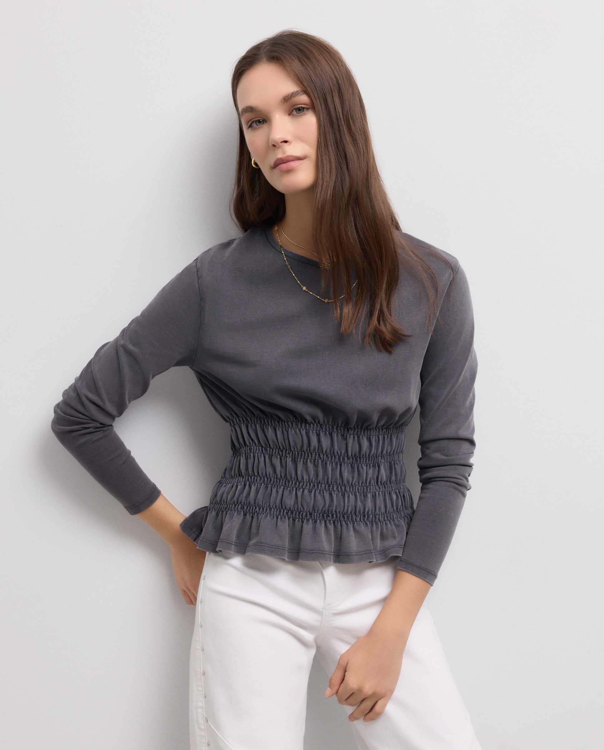Camisola Franzida de Manga Comprida e Decote Redondo 830 Antracite-1