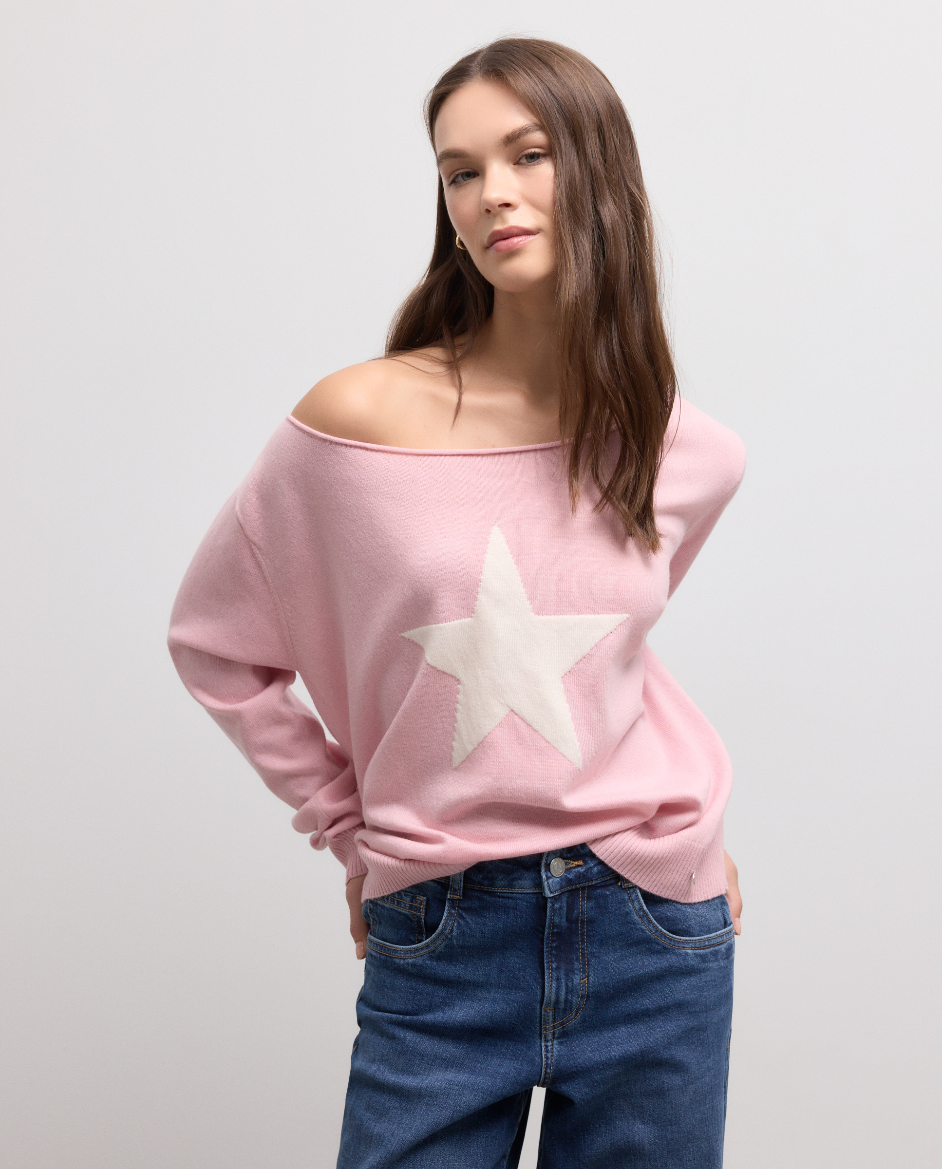Camisola de Malha com Estrela Oversize 200 Rosa-4