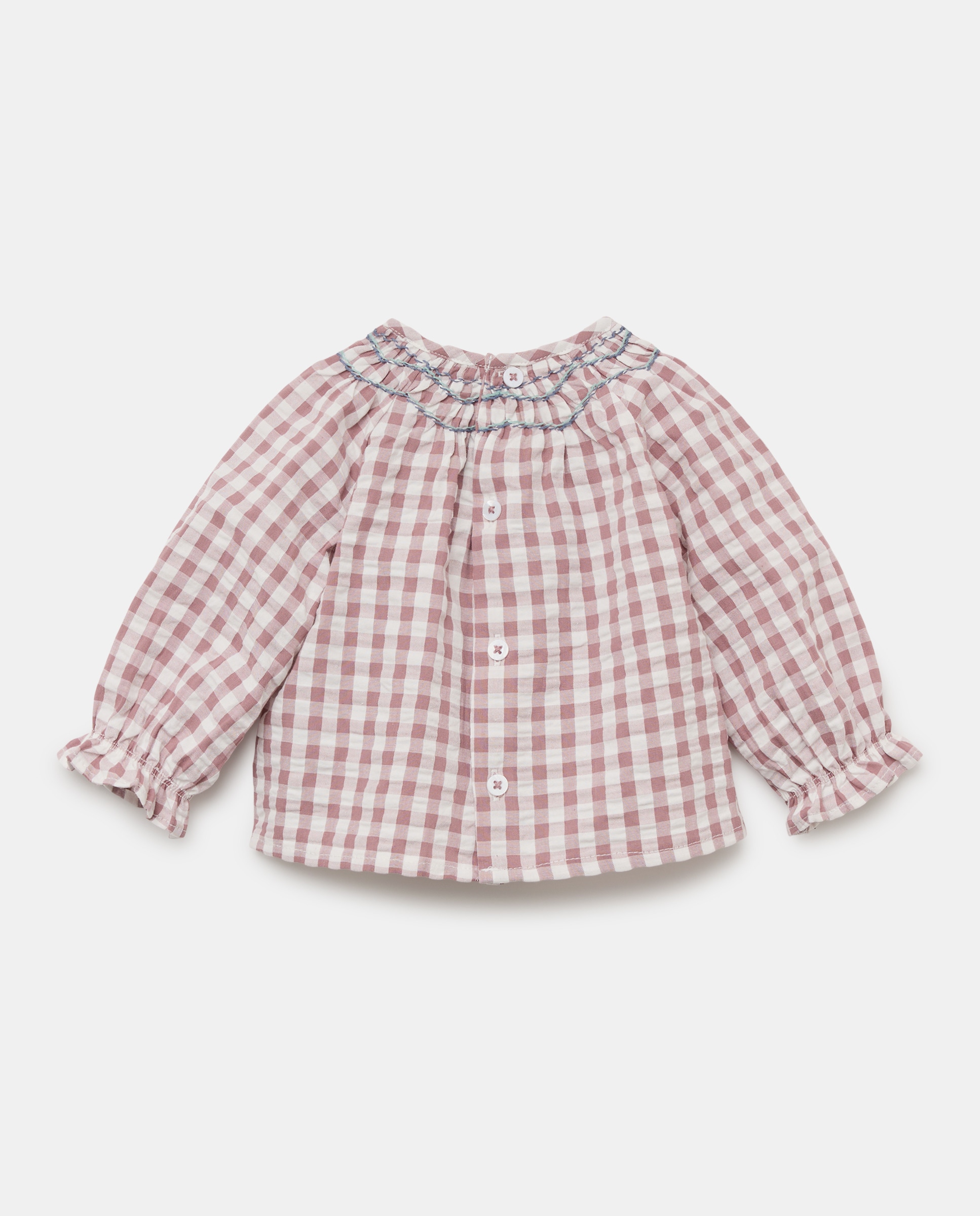 Blusa de Bebé em Seersucker com Manga Comprida e Bordado à Mão Vermelho-2