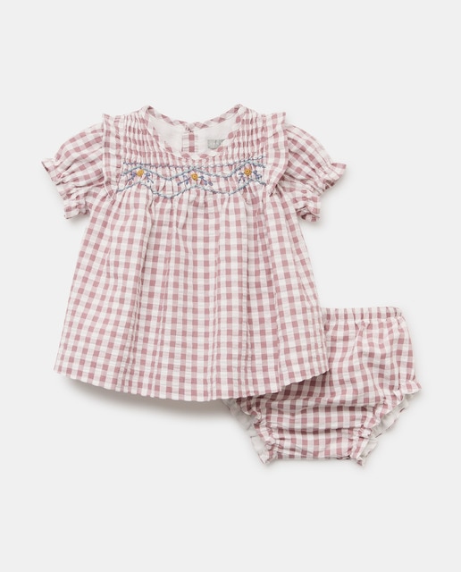 Imagem 0 de Vestido Vichy de Bebé em Seersucker com Manga Curta, Gola com Folho e Bordado à Mão