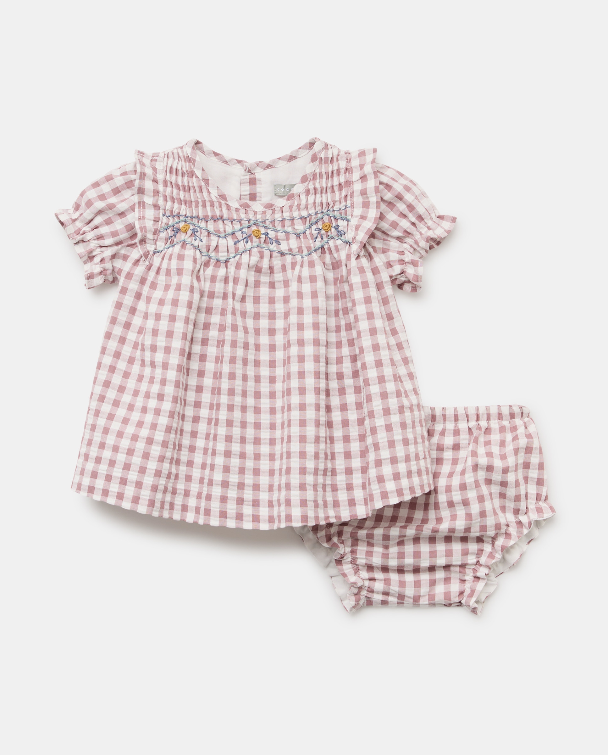 Vestido Vichy de Bebé em Seersucker com Manga Curta, Gola com Folho e Bordado à Mão Vermelho-1