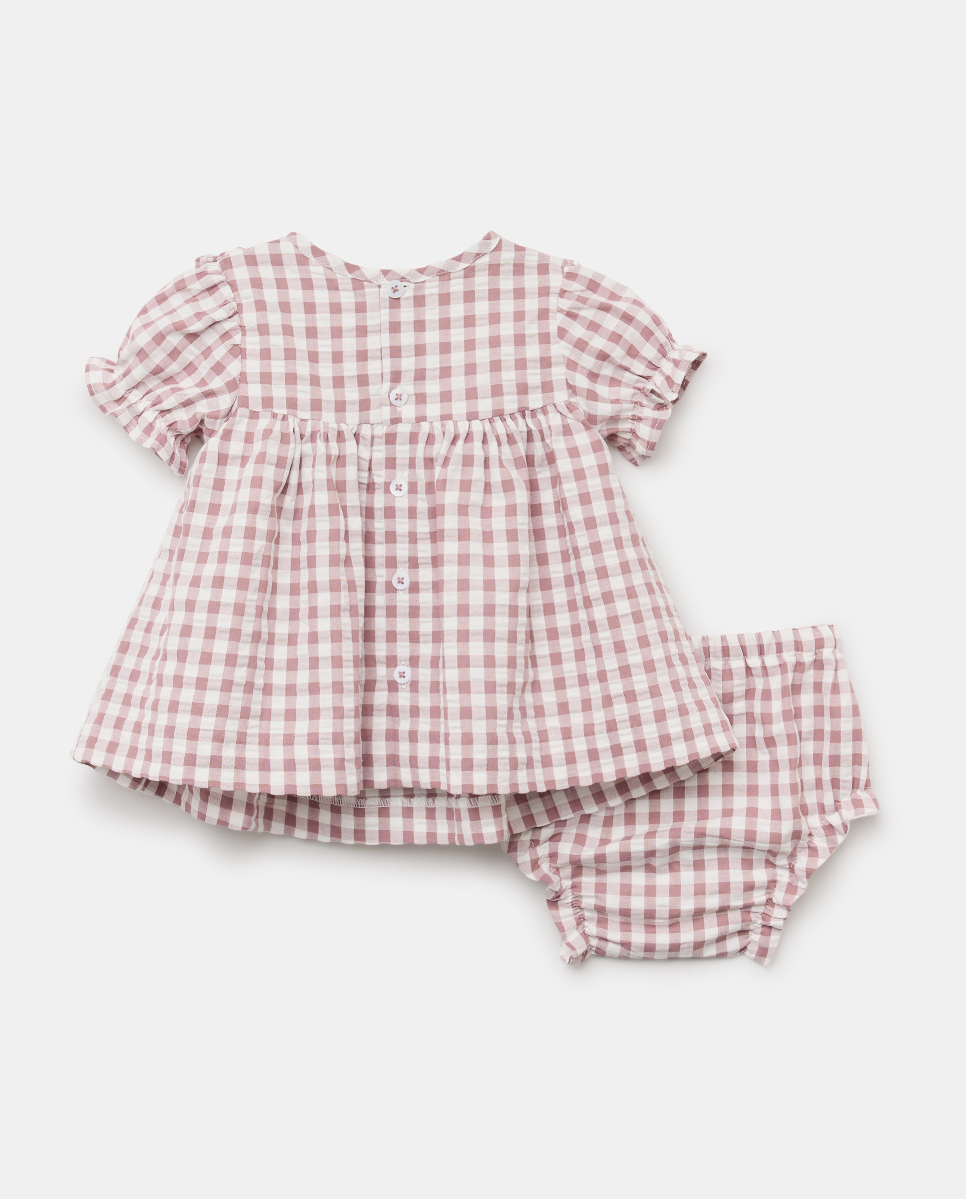 Vestido Vichy de Bebé em Seersucker com Manga Curta, Gola com Folho e Bordado à Mão Vermelho-2