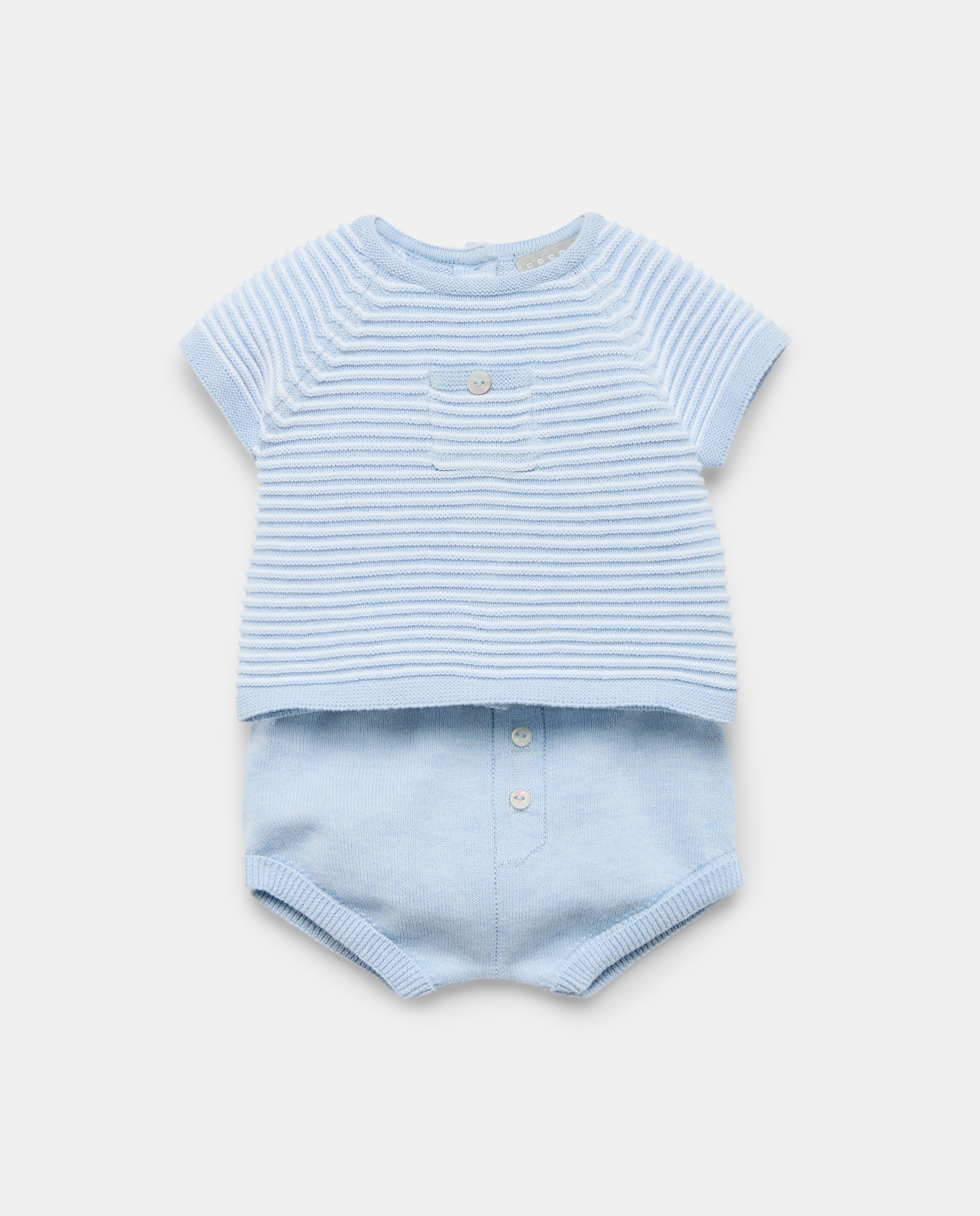 Conjunto de 2 Peças de Tricot de Bebé com Manga Curta e Bolso Azul-1