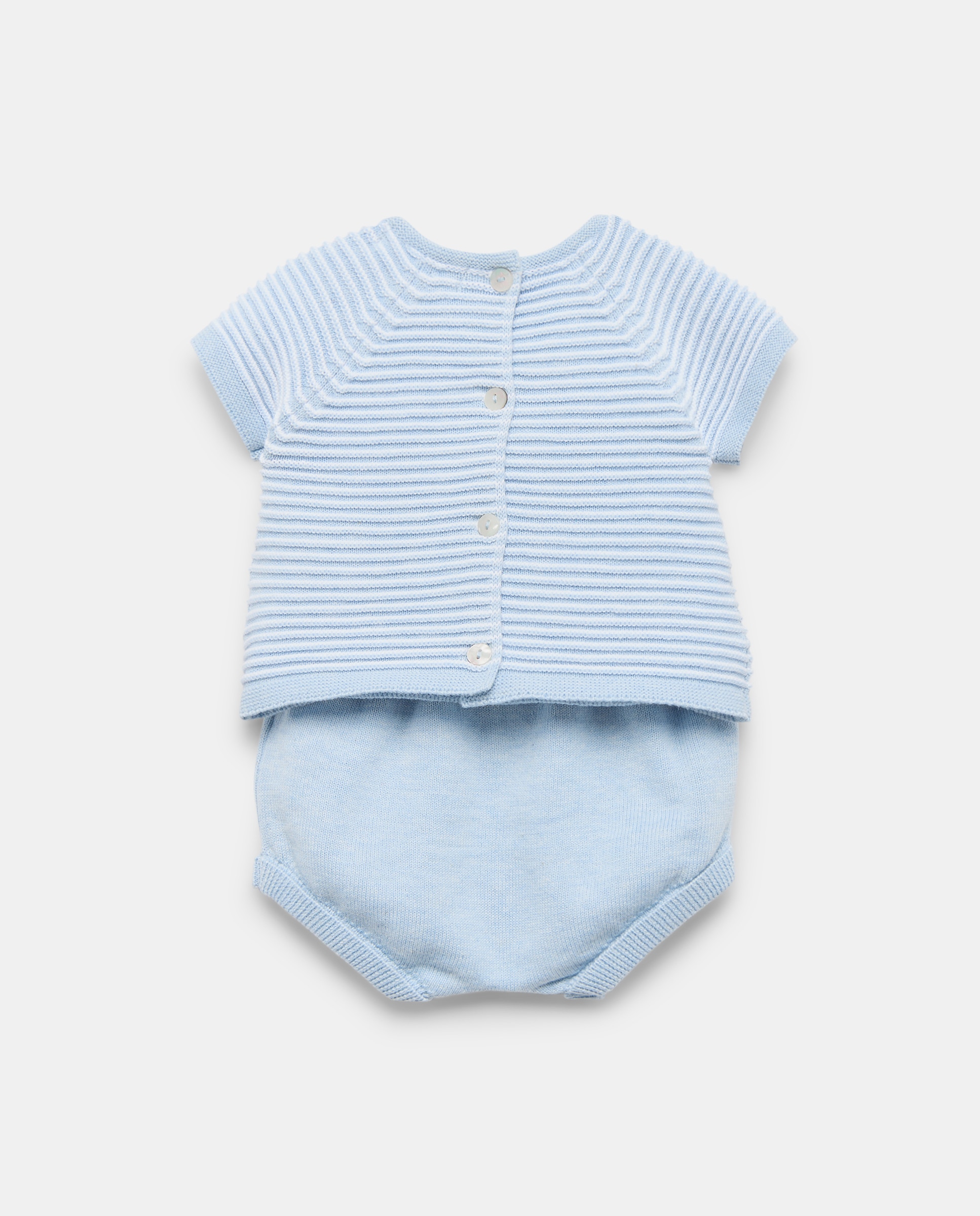 Conjunto de 2 Peças de Tricot de Bebé com Manga Curta e Bolso Azul-2