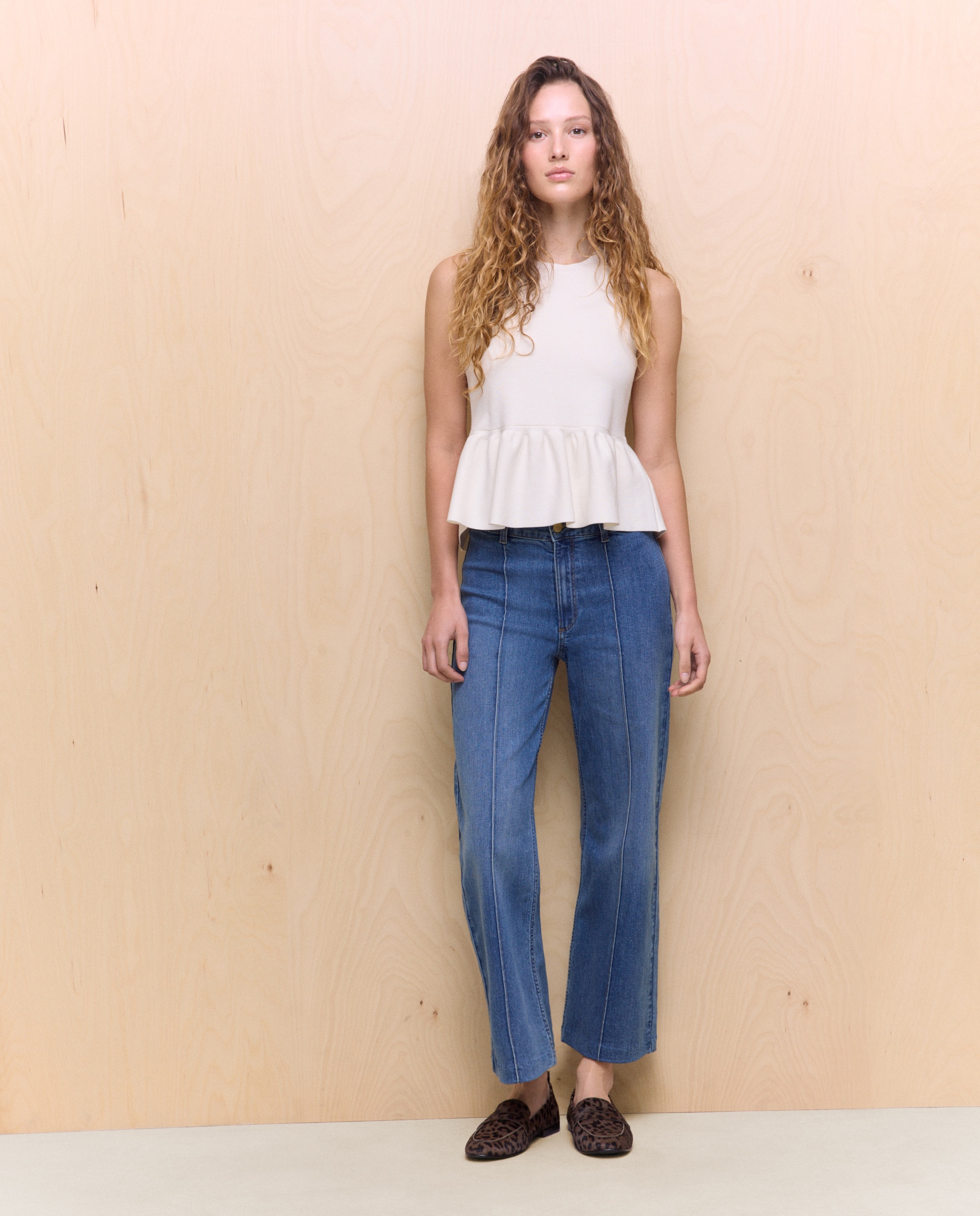 Jeans Crop Culotte com Nervura Azul-1