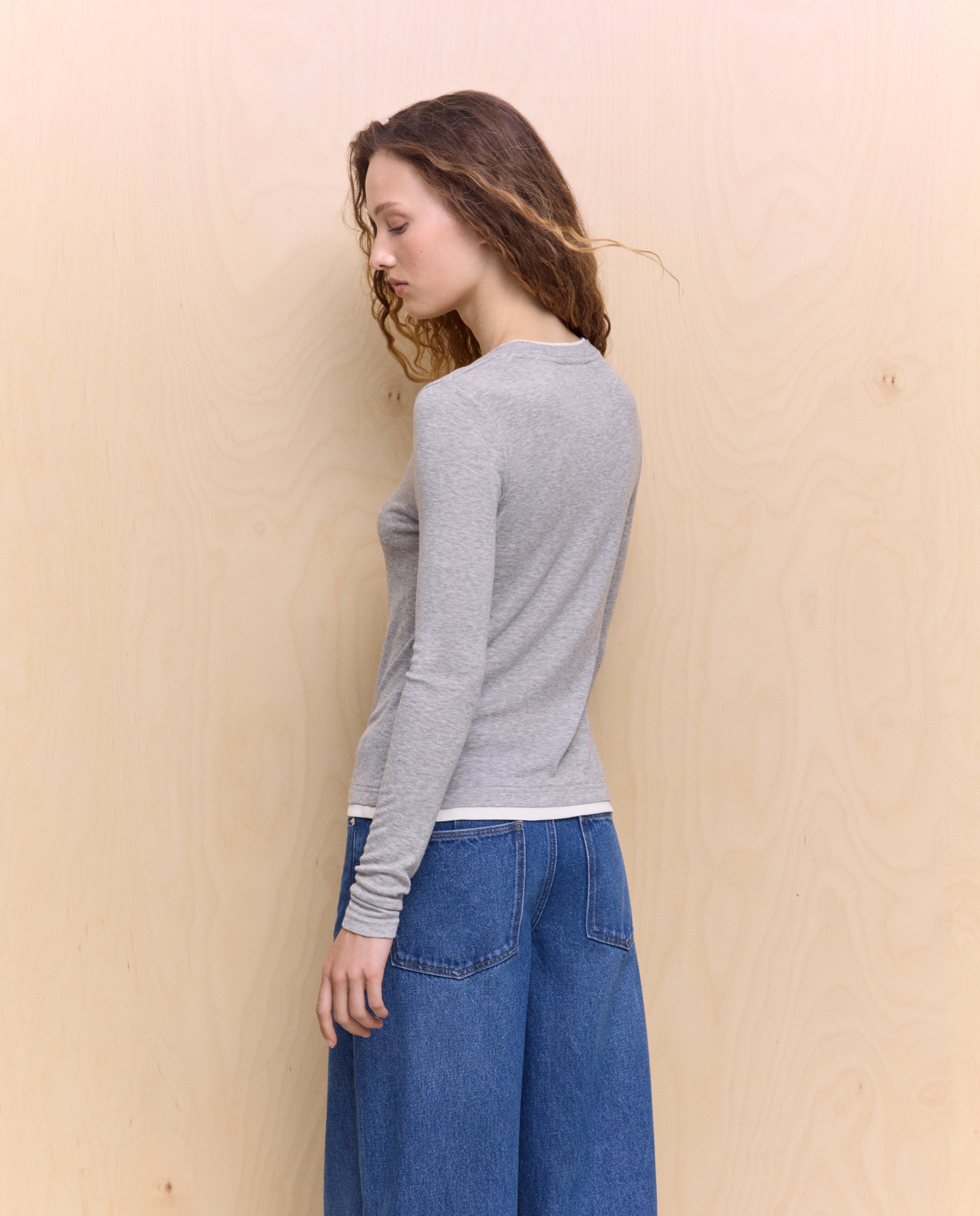 T-shirt com Efeito de Peça Dupla Cinzento-claro-3