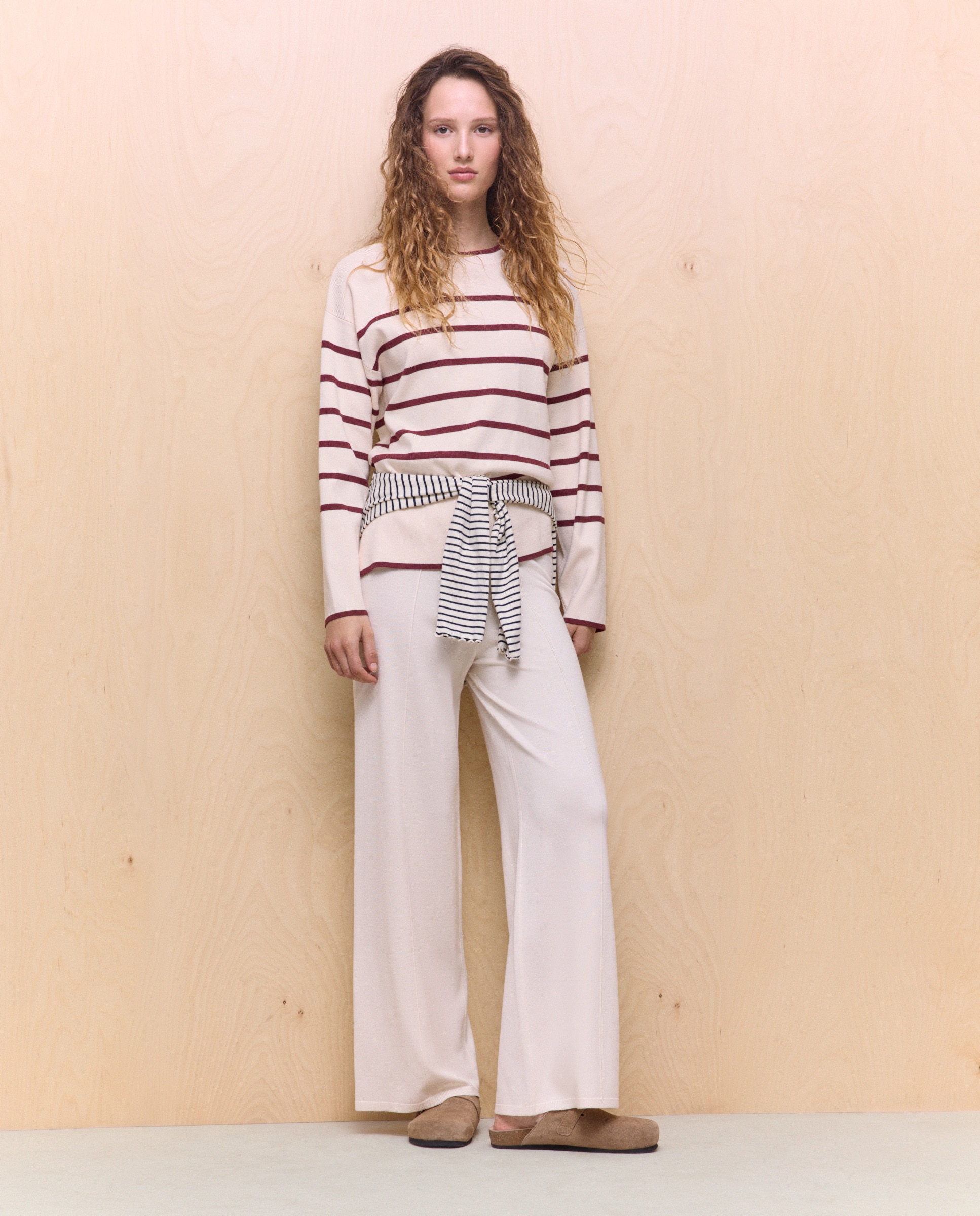 Camisola de Malha às Riscas com Aberturas e Decote Redondo Vermelho-2