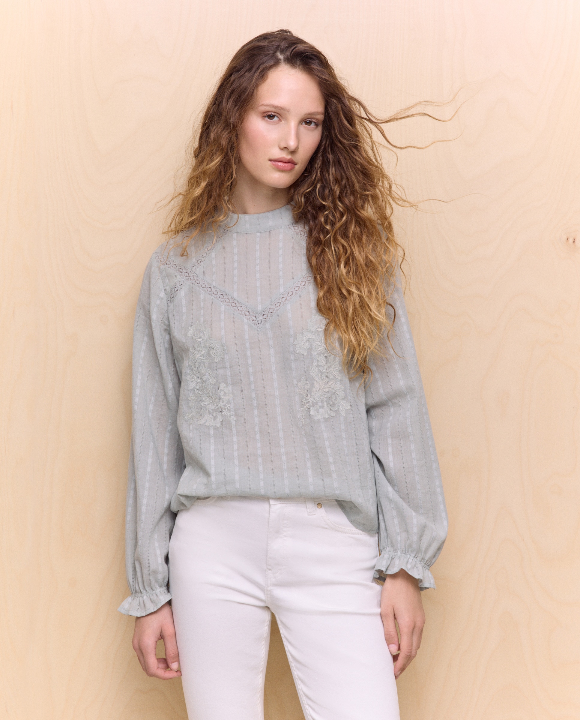 Camisa Romântica Lisa de Algodão com Manga Comprida Sálvia-1