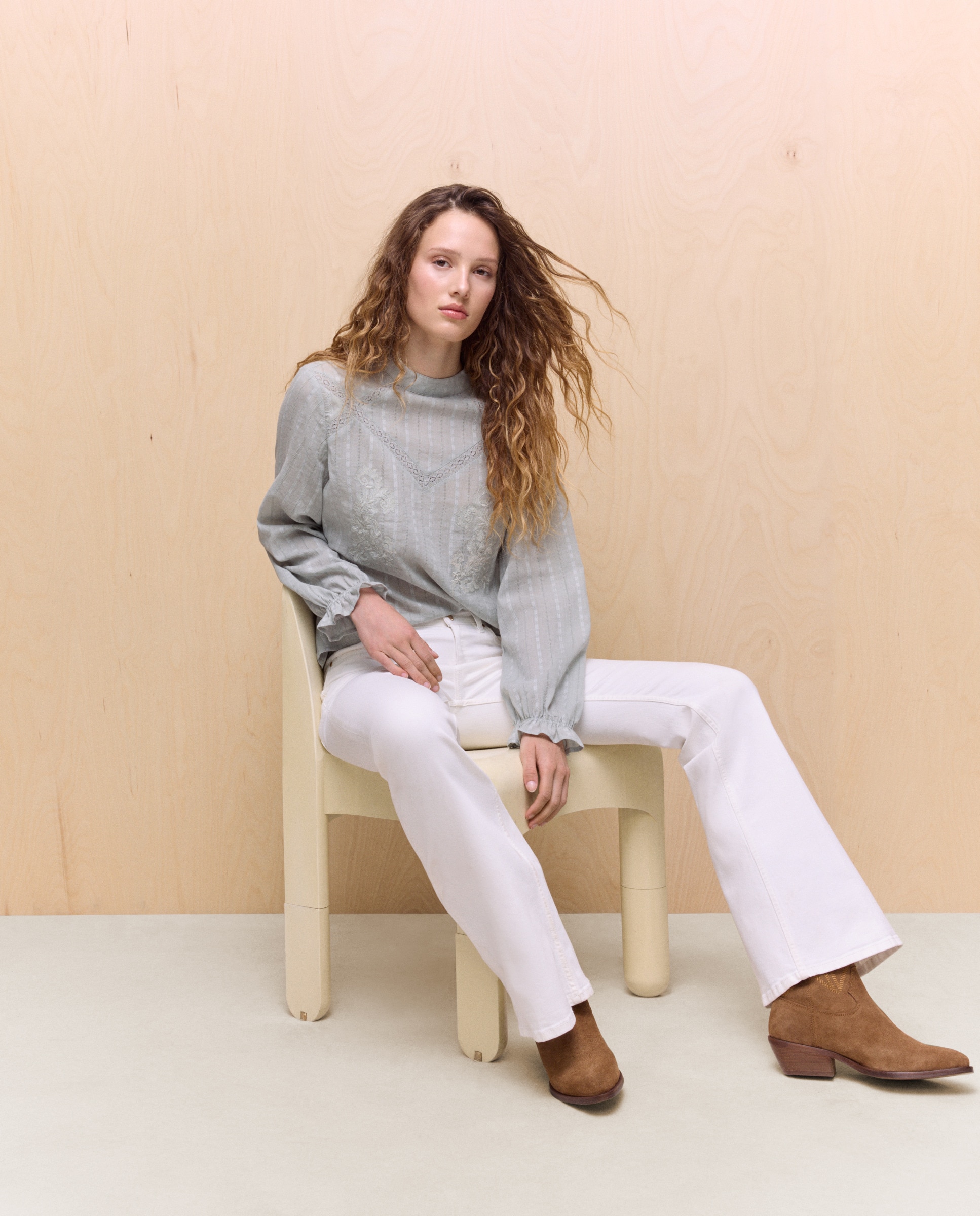 Camisa Romântica Lisa de Algodão com Manga Comprida Sálvia-2