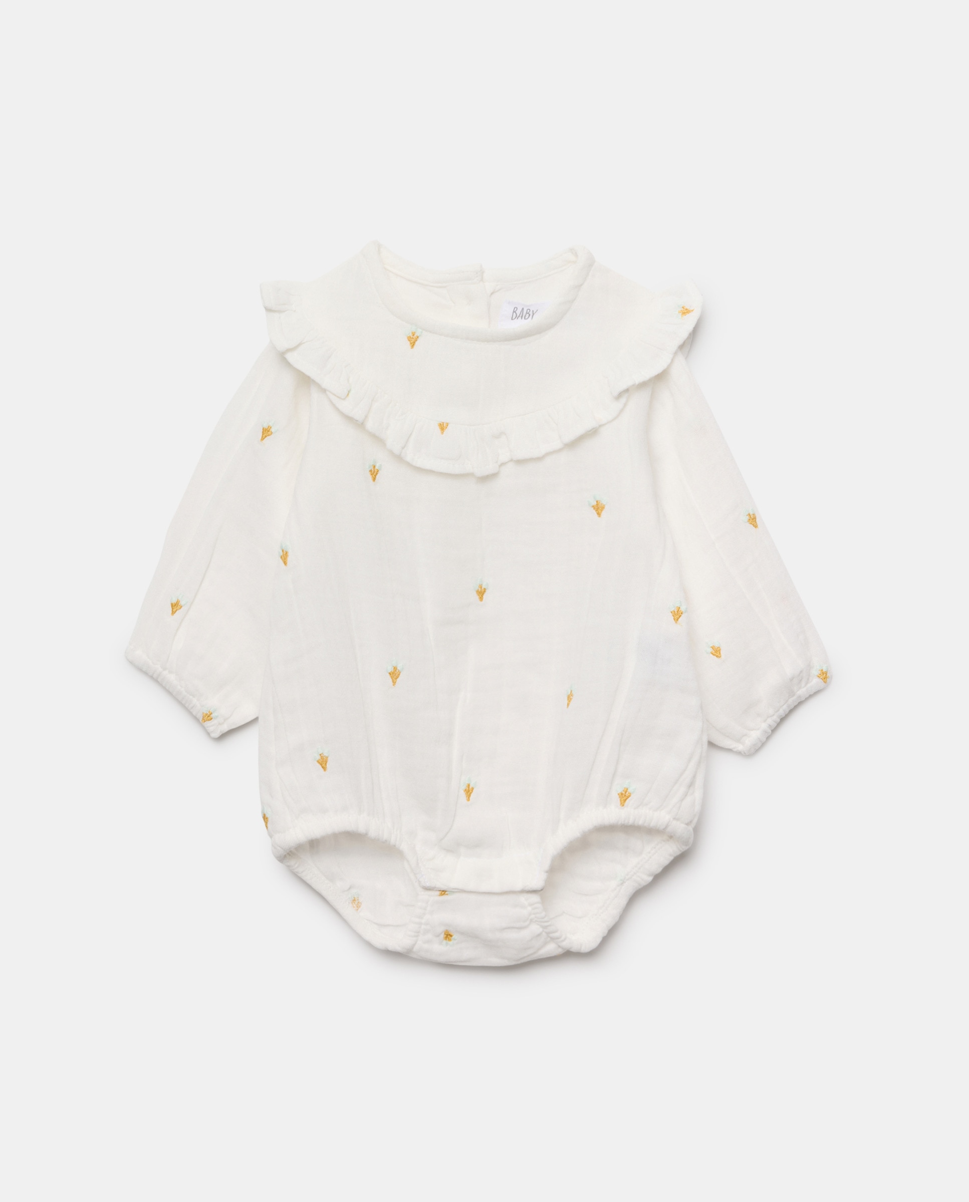 Body de Chiffon de Bebé com Manga Comprida e Bordado Branco-1