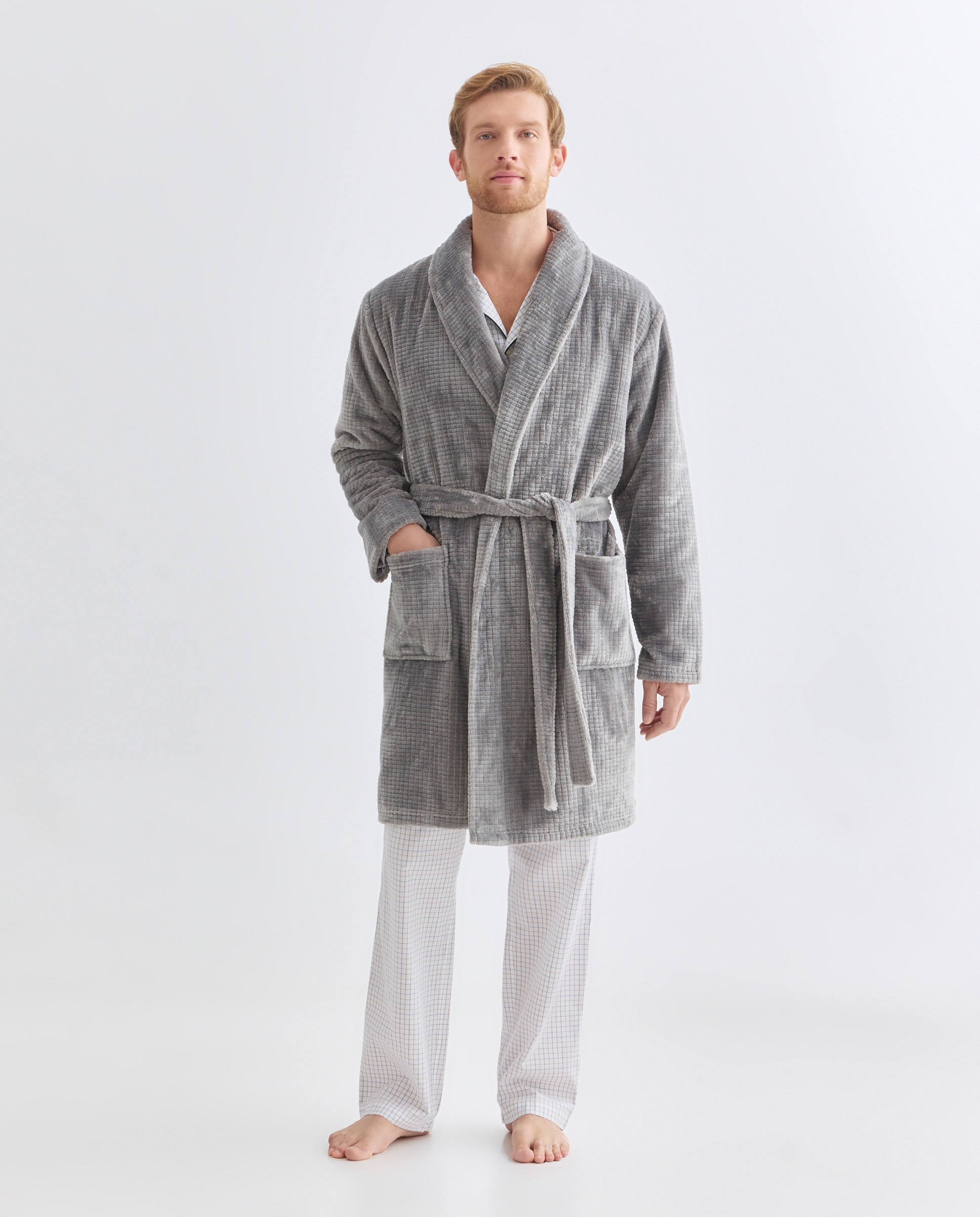 Roupão em Velour com Estrutura aos Quadrados Cinzento-escuro-1