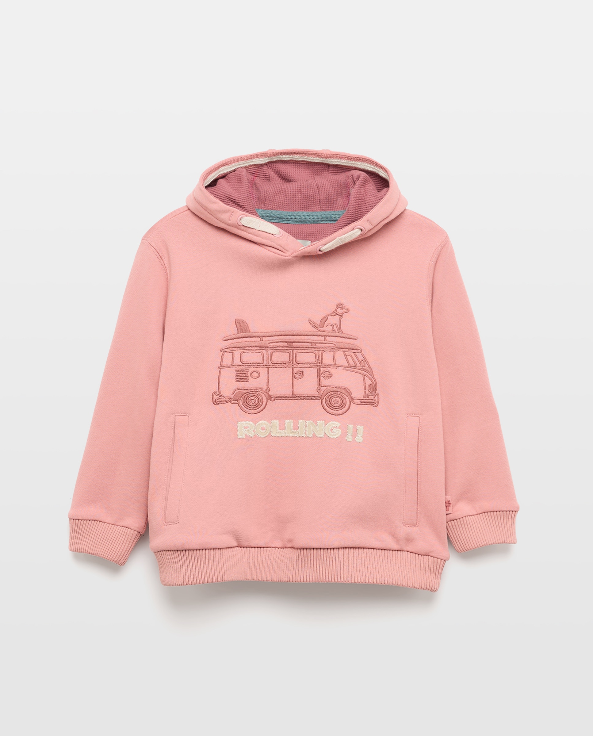 Sweatshirt com Capuz Waffle, Bolso Regular e Desenho Rolling Van 220 Rosa Pálido-4