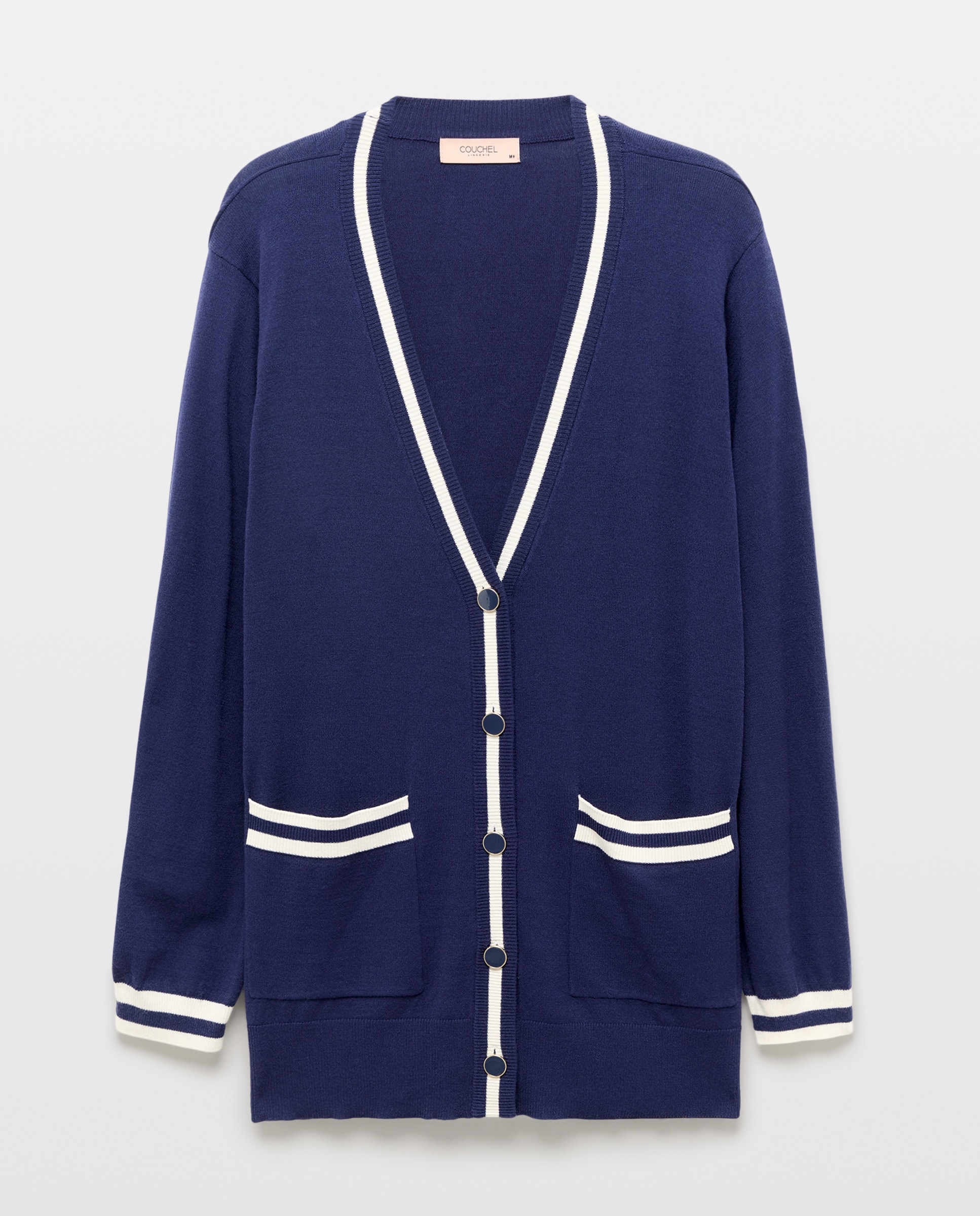 Cardigan com Gola e Bolsos em Contraste Azul-marinho-4