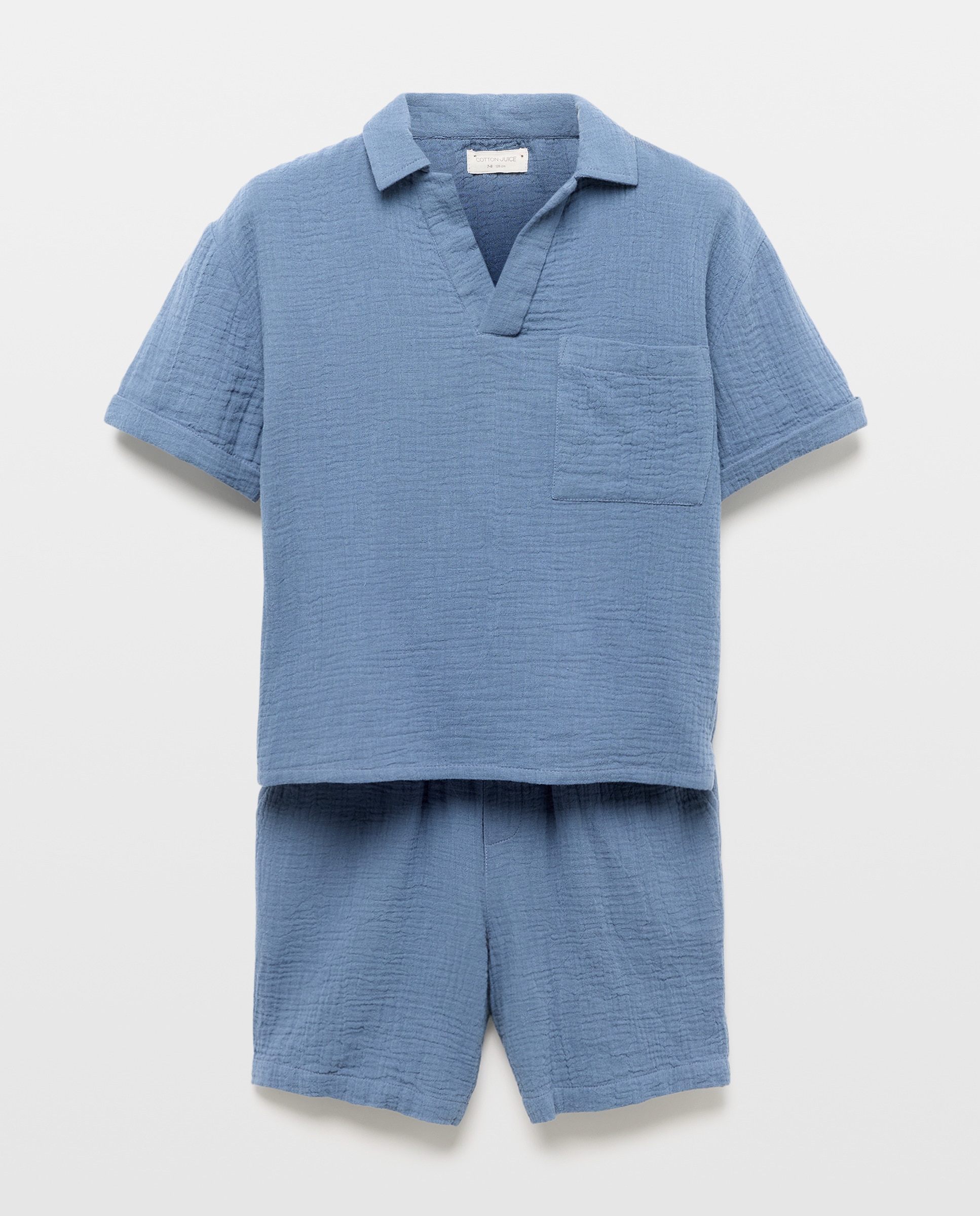 Pijama Completo Comprido de Chiffon Liso Abotoado 400 Azul-5