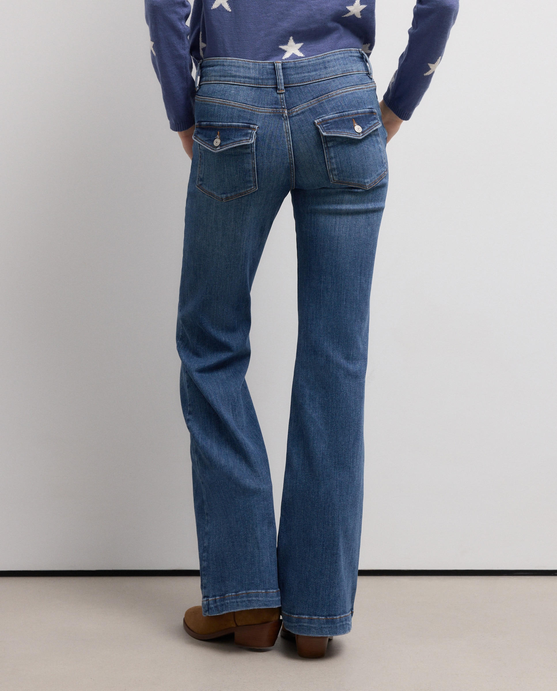 Calças à Boca de Sino com Nervura Índigo-3