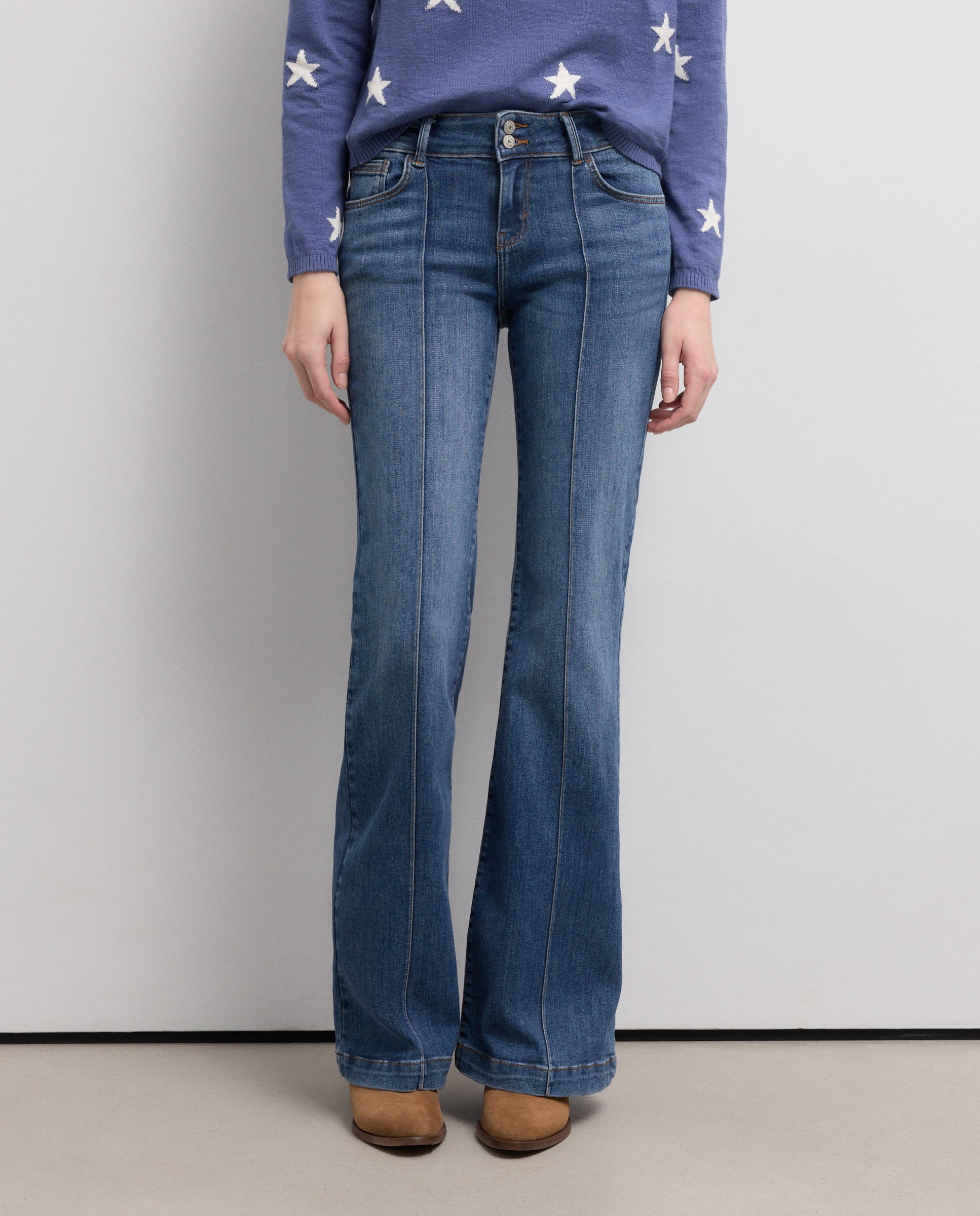 Calças à Boca de Sino com Nervura Índigo-2