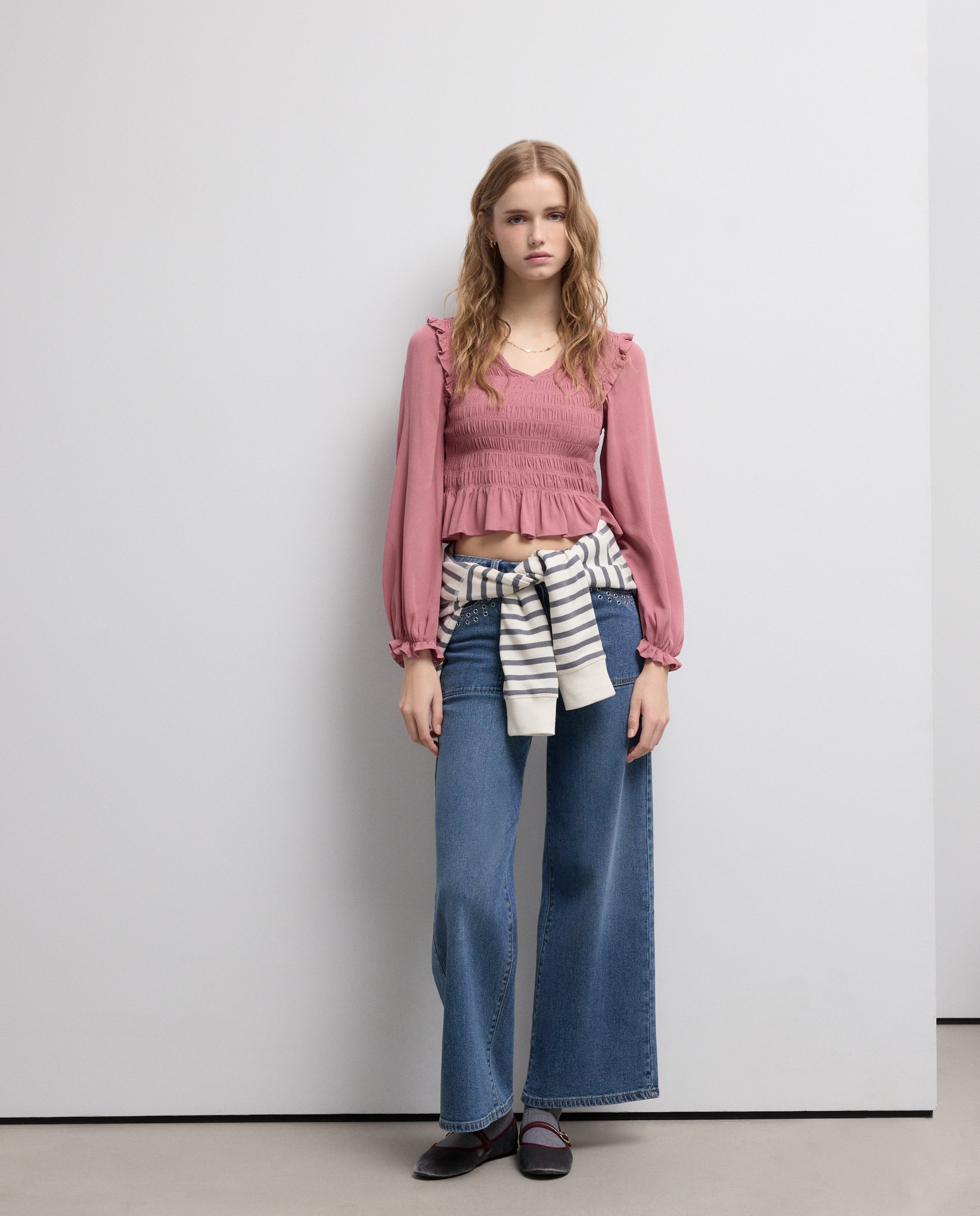Blusa de Manga Comprida Smoked com Decote em Bico 220 Rosa Pálido-1