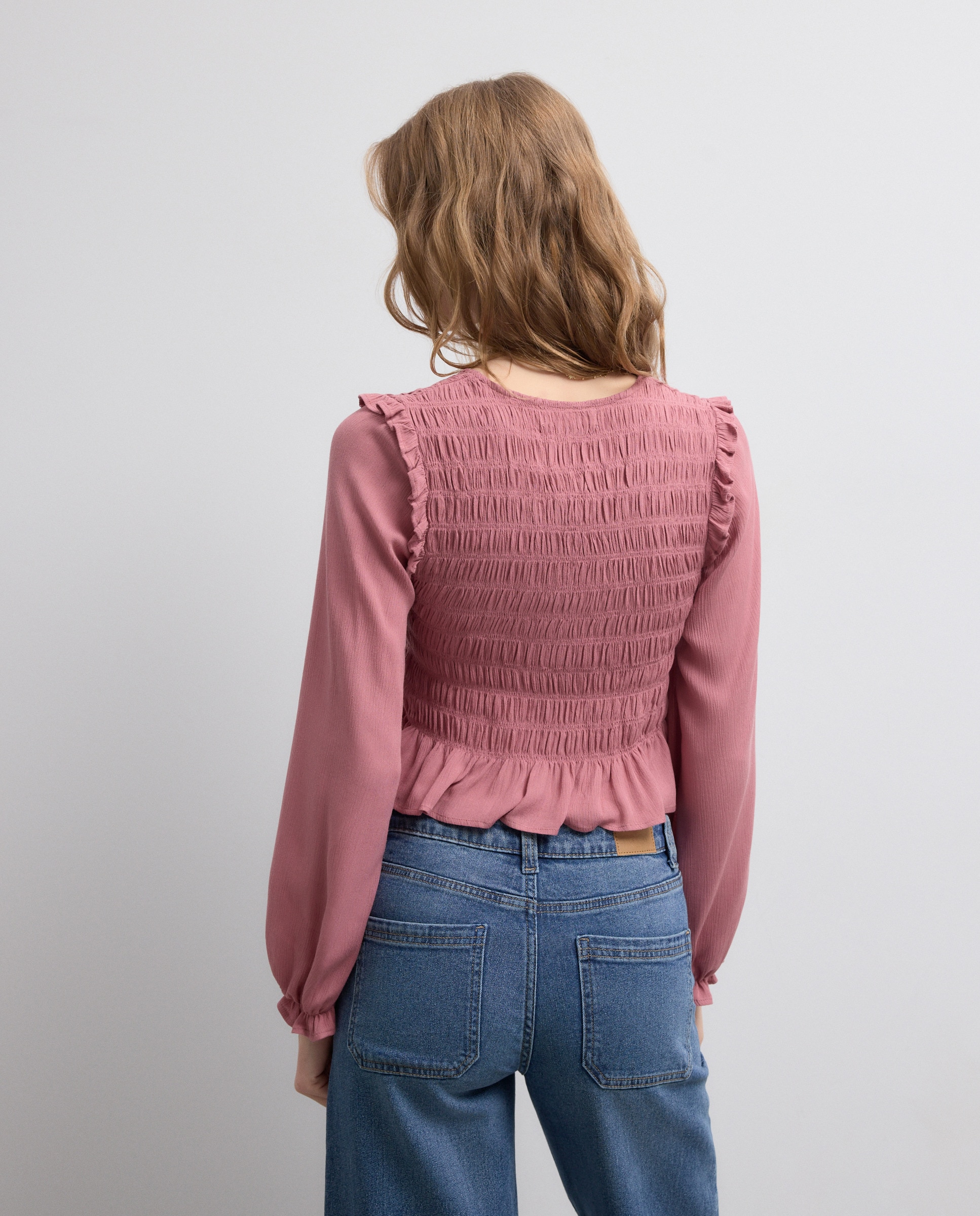Blusa de Manga Comprida Smoked com Decote em Bico 220 Rosa Pálido-4