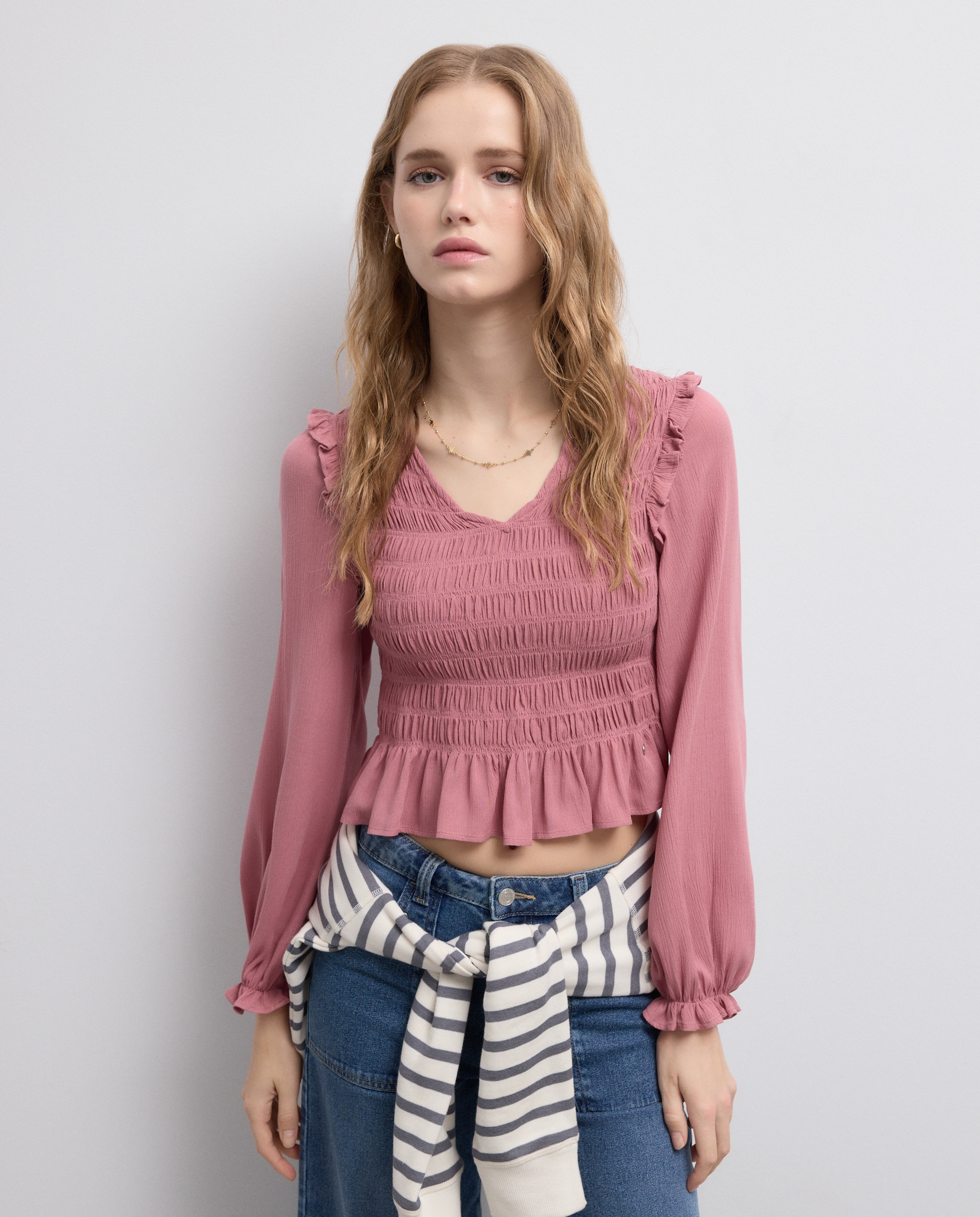 Blusa de Manga Comprida Smoked com Decote em Bico 220 Rosa Pálido-2