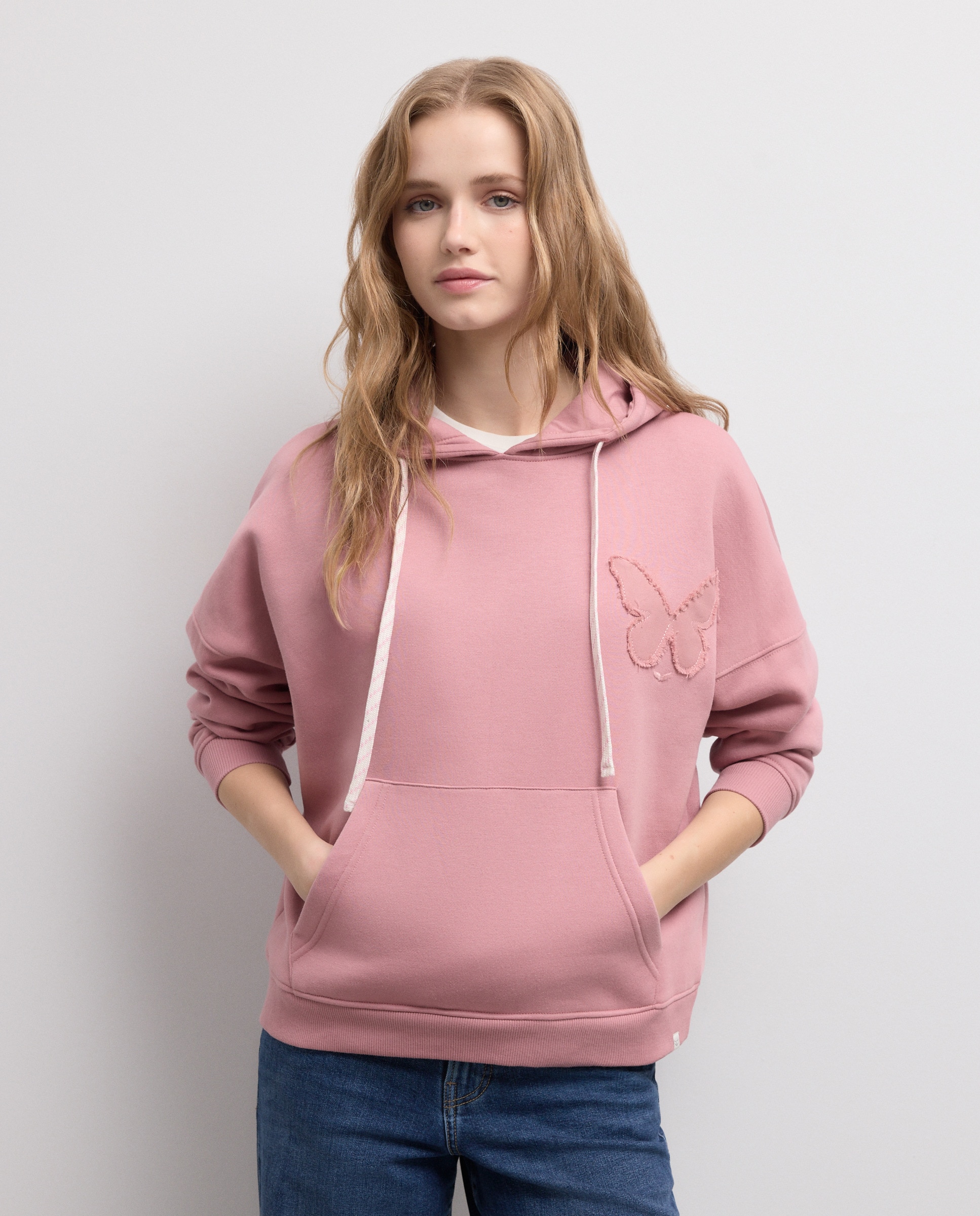 Sweatshirt com Capuz Fechado e Bordado 220 Rosa Pálido-1