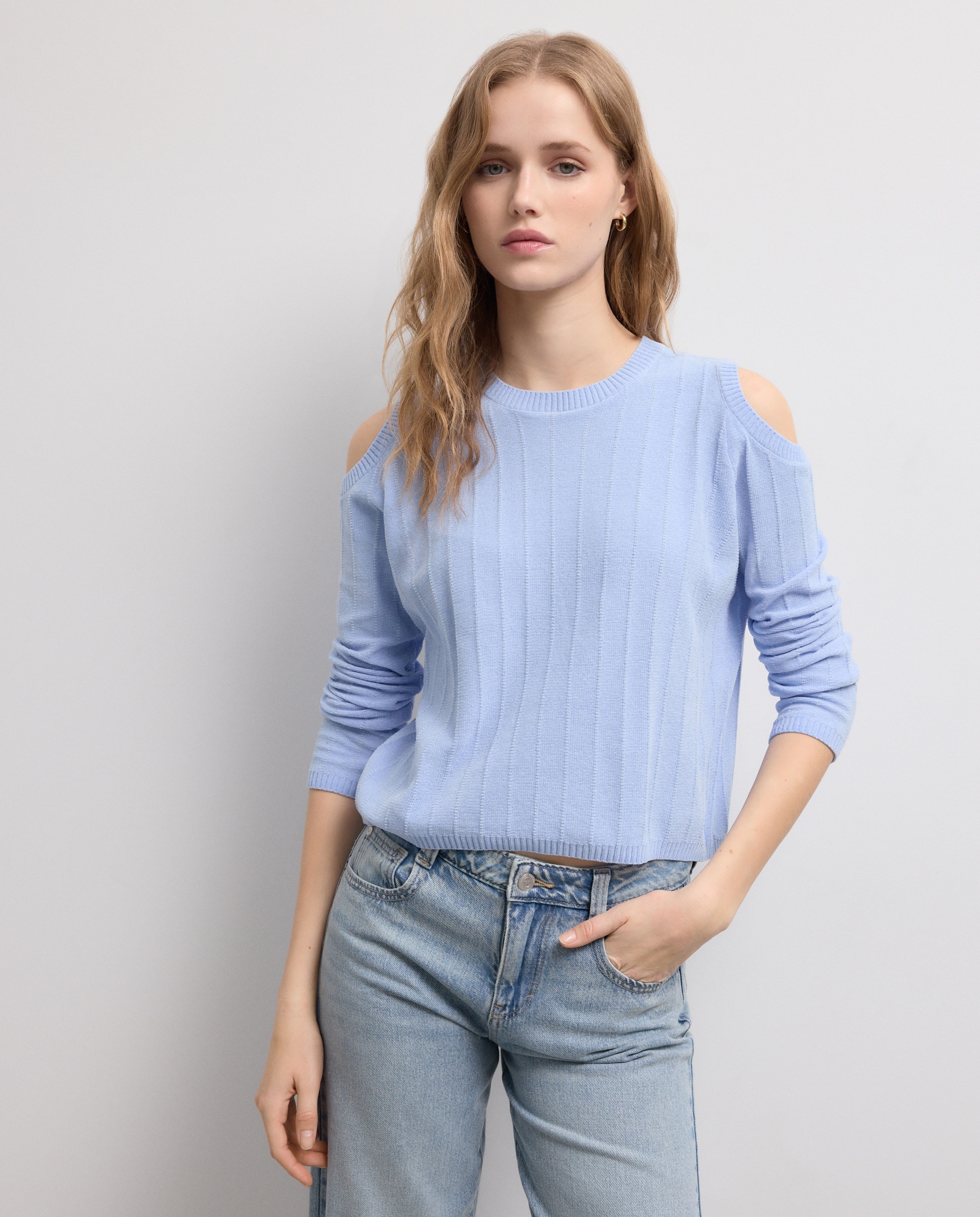 Camisola de Malha Chenille com Manga Comprida e Cut Out 400 Azul-2