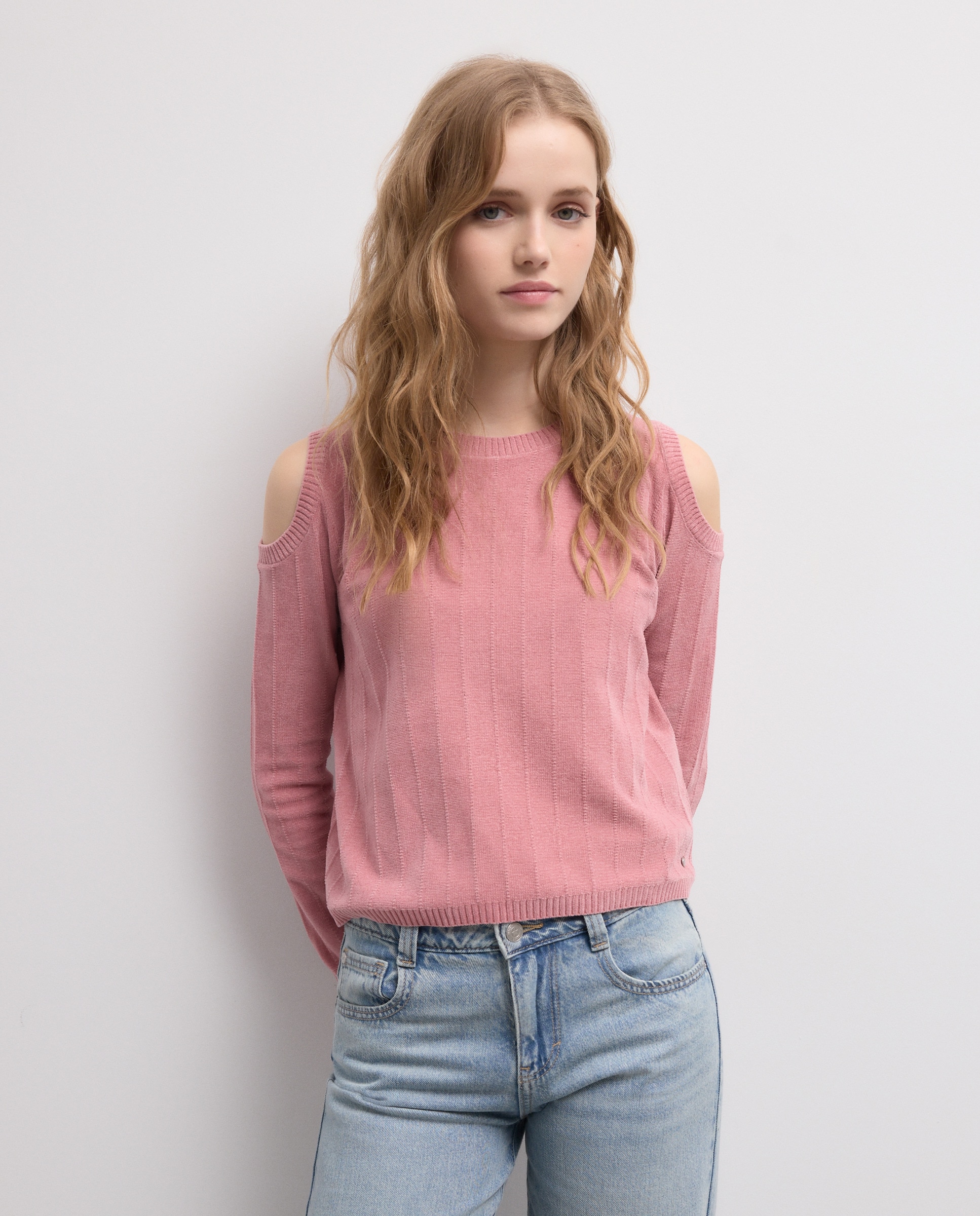 Camisola de Malha Chenille com Manga Comprida e Cut Out 220 Rosa Pálido-4