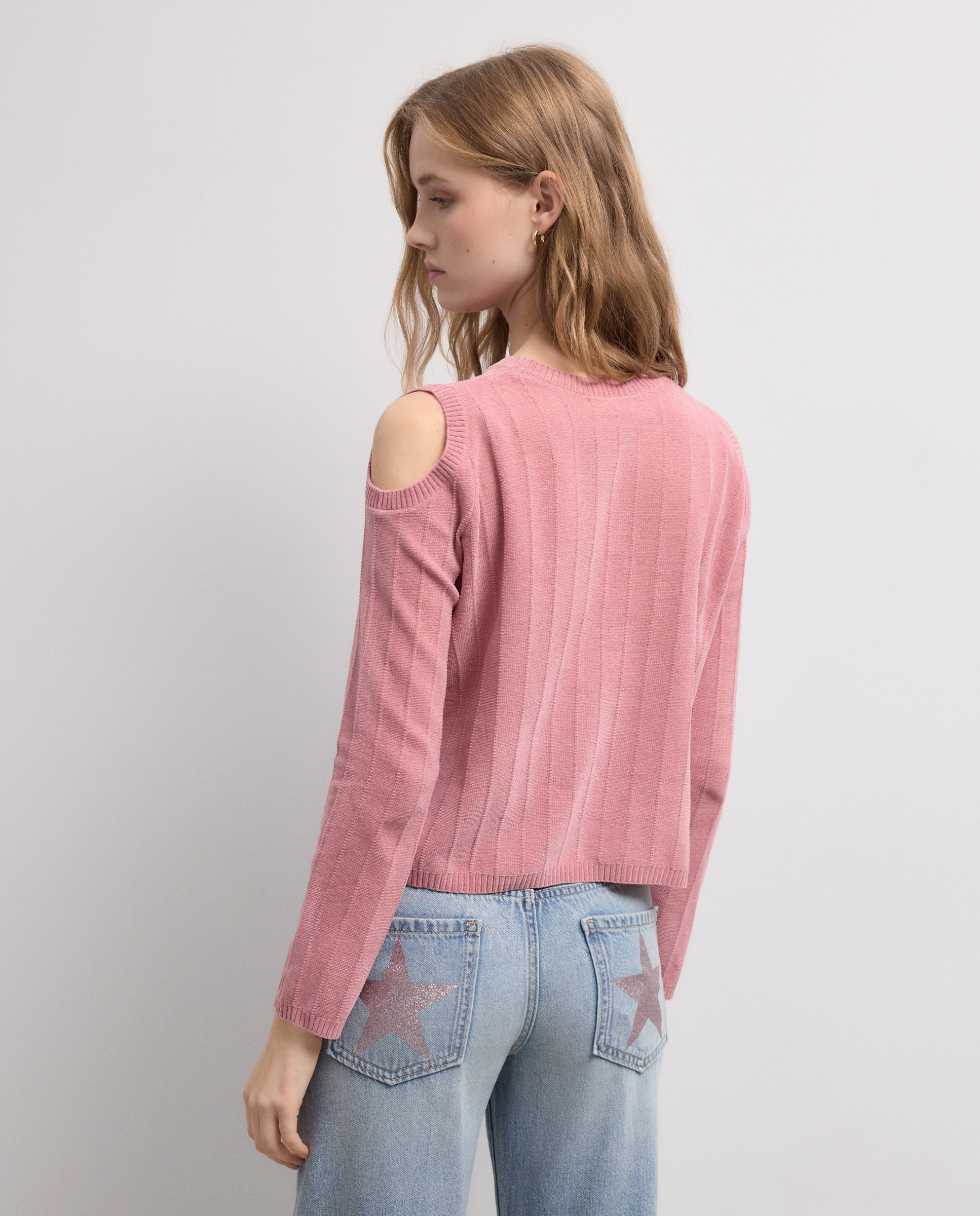 Camisola de Malha Chenille com Manga Comprida e Cut Out 220 Rosa Pálido-3
