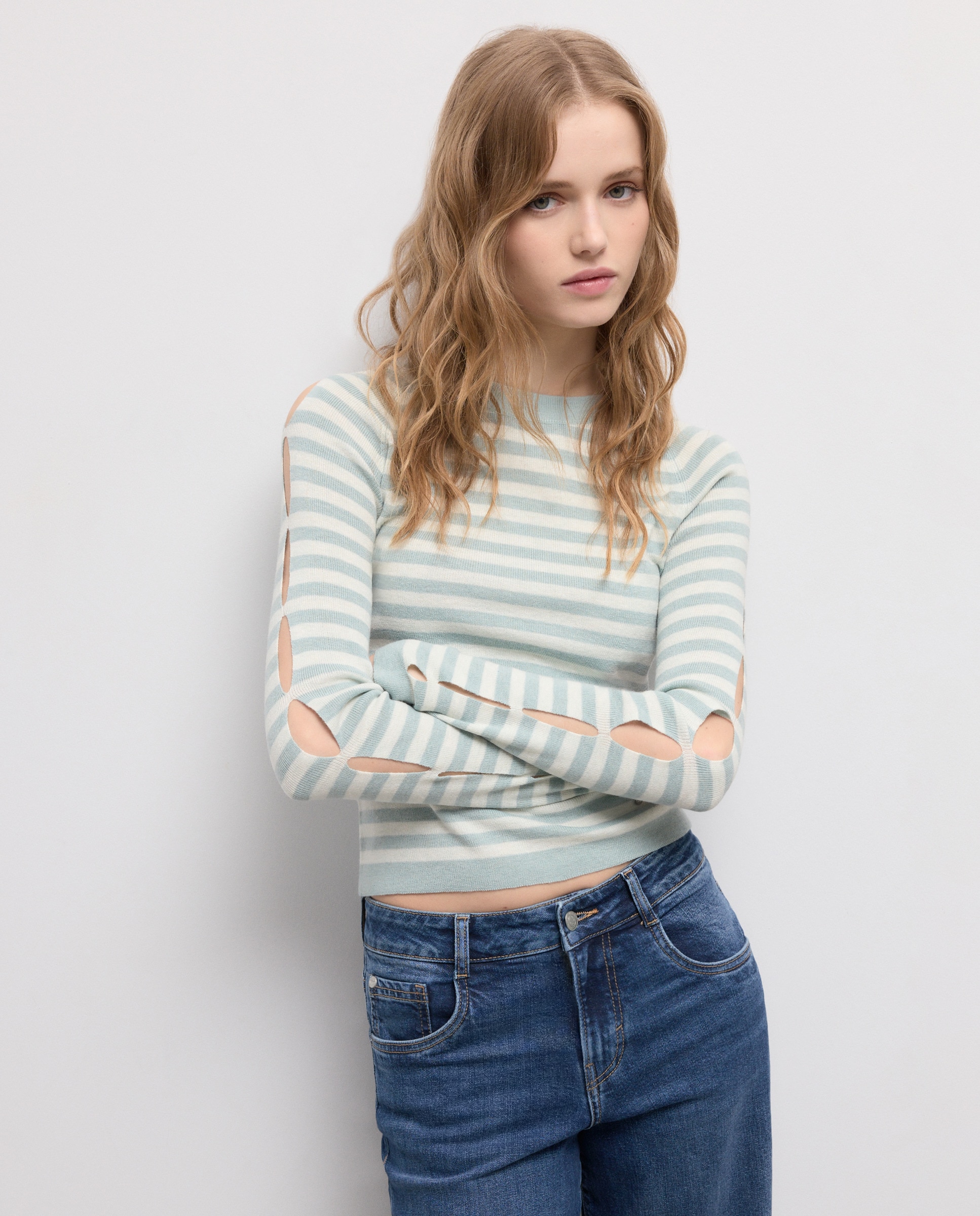 Camisola de malha às Riscas com Manga Comprida Verde-1