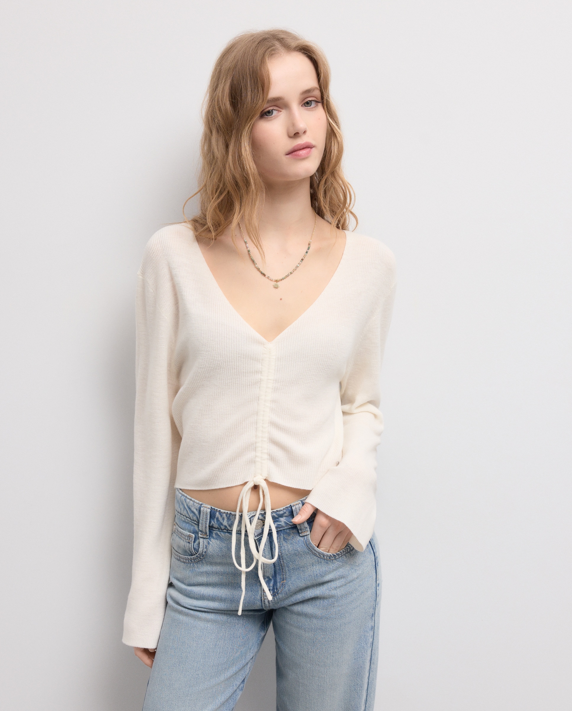 Camisola de Malha com Decote em Bico com Franzido 120 Cru-2