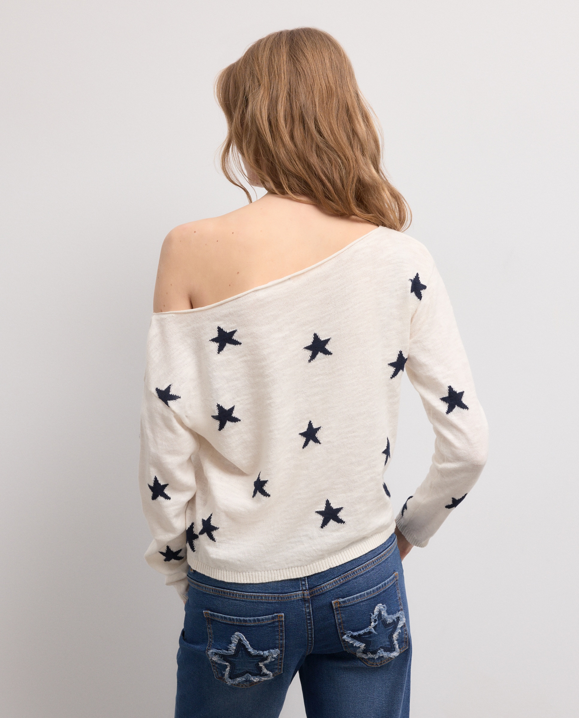 Camisola de Malha de Manga Comprida e Decote Redondo Branco-3