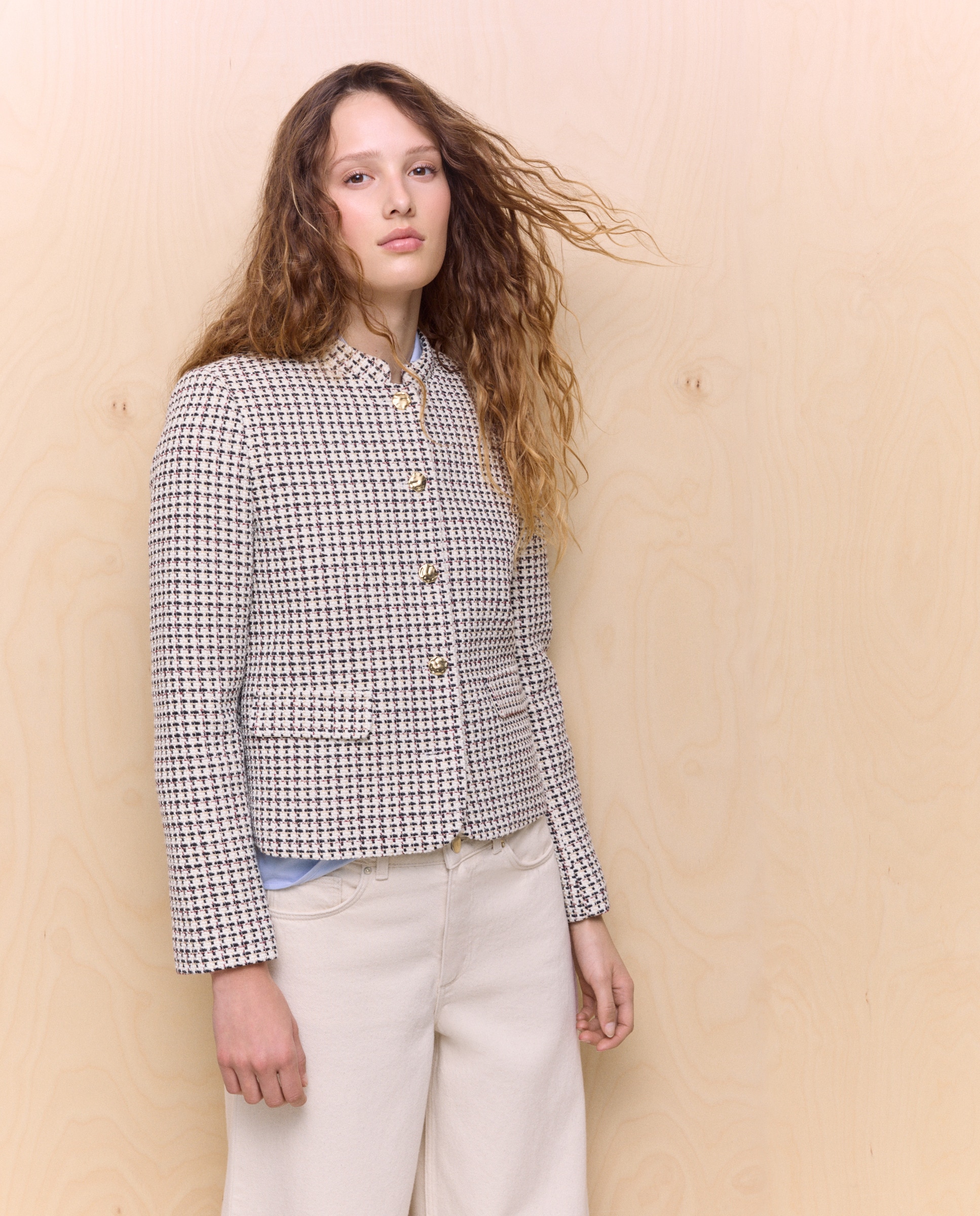 Casaco Tweed com Botões de Joia Azul-1