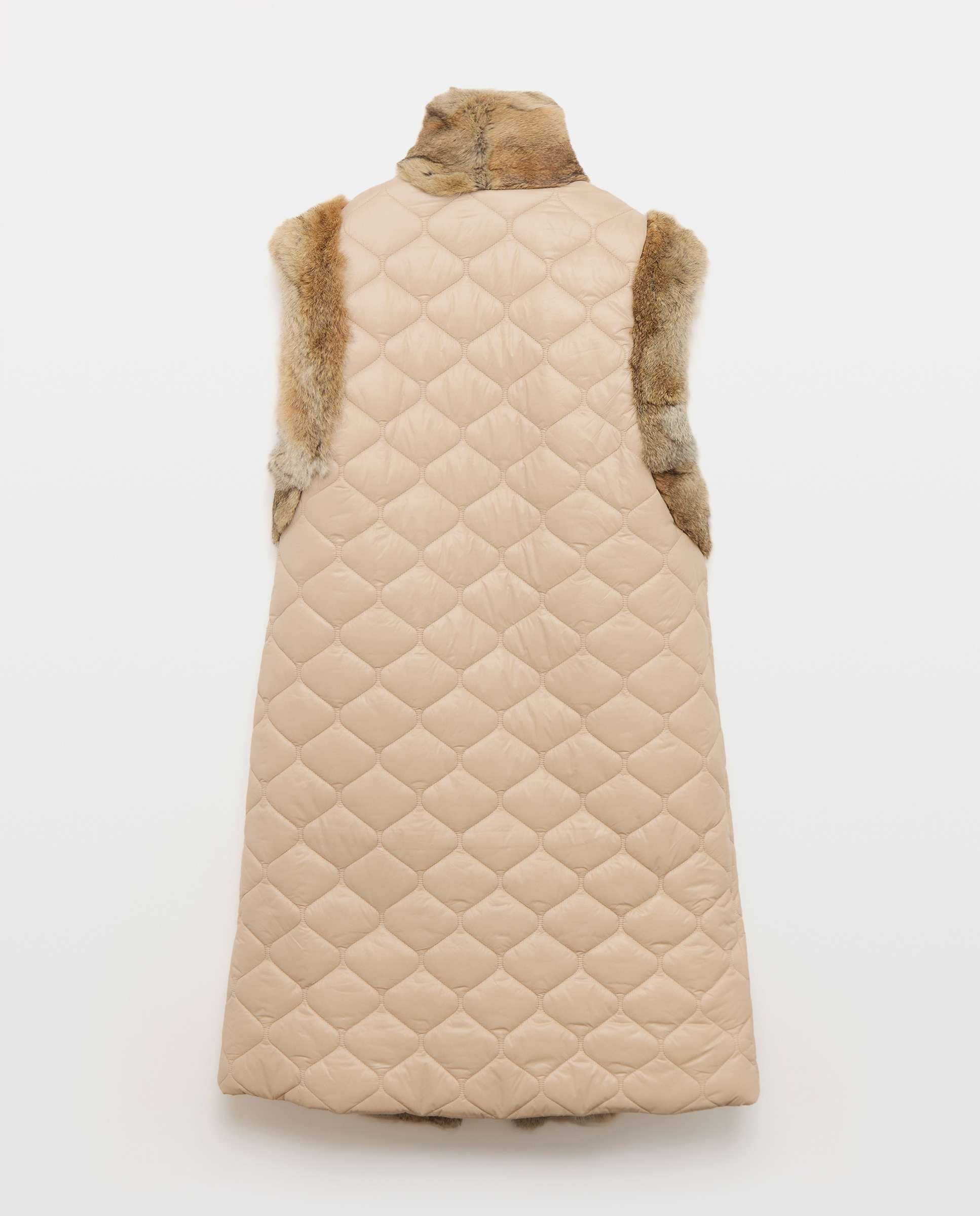 Colete Comprido de Nylon com Pelo de Coelho Bege-2