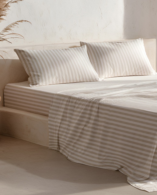 Imagen 0 de Juego de sábanas rayas 100% algodón beige